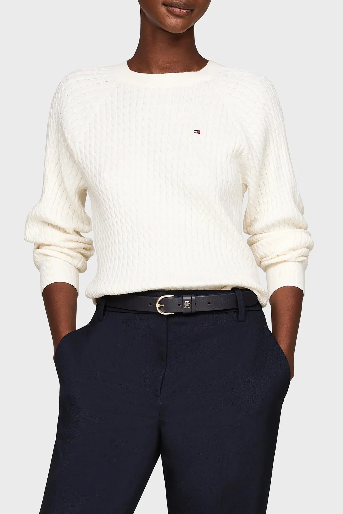 Tommy Hilfiger % 100 Pamuk Relaxed Fit Bisiklet Yaka Örme Bayan Kazak WW0WW41142 Z00 AÇIK BEJ - 1