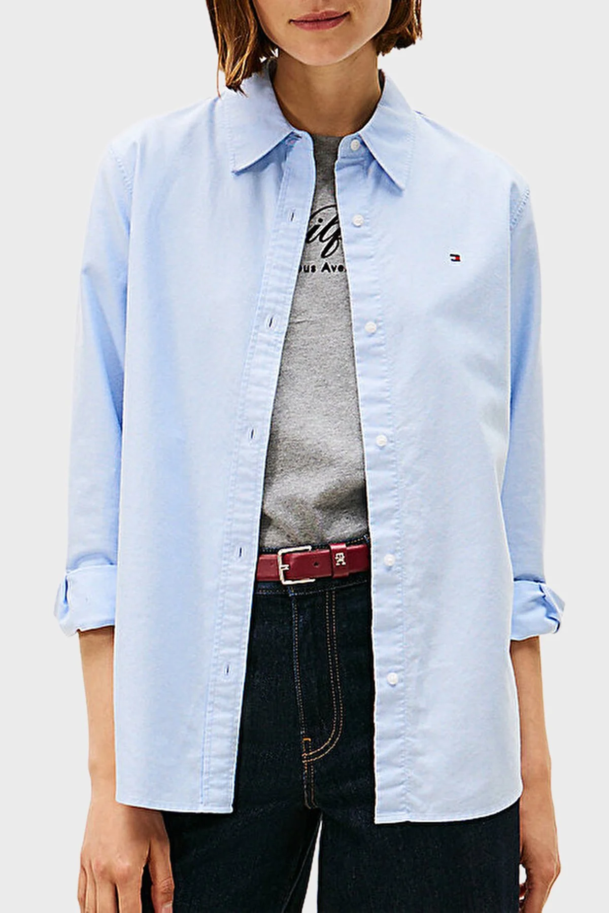 Tommy Hilfiger % 100 Pamuk Relaxed Fit Uzun Kollu Bayan Gömlek WW0WW46111 0YC AÇIK MAVİ - 1