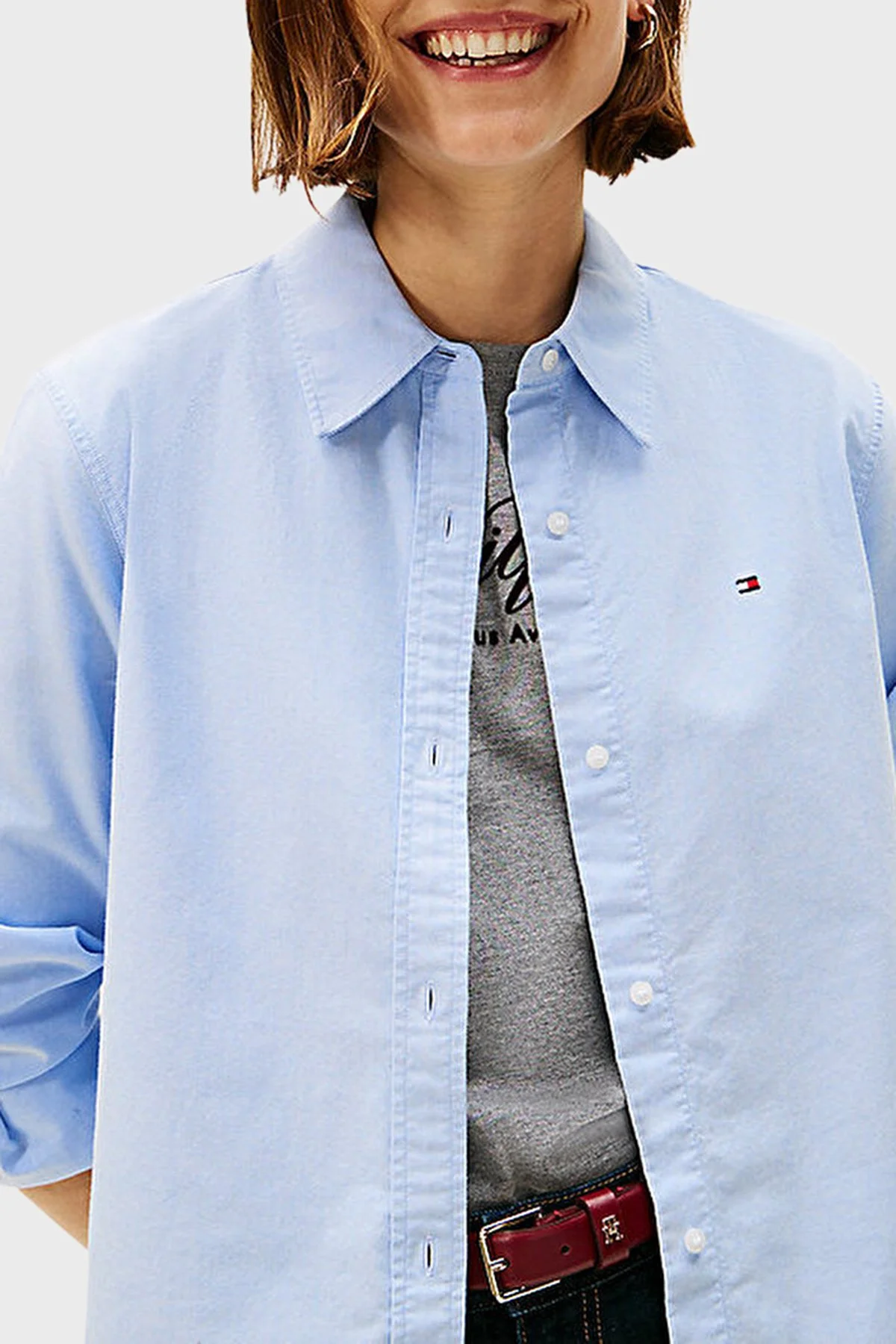 Tommy Hilfiger % 100 Pamuk Relaxed Fit Uzun Kollu Bayan Gömlek WW0WW46111 0YC AÇIK MAVİ - 4