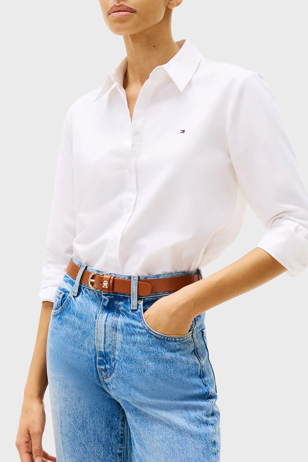 Tommy Hilfiger % 100 Pamuk Relaxed Fit Uzun Kollu Logolu Bayan Gömlek WW0WW46111 YCF BEYAZ - 1