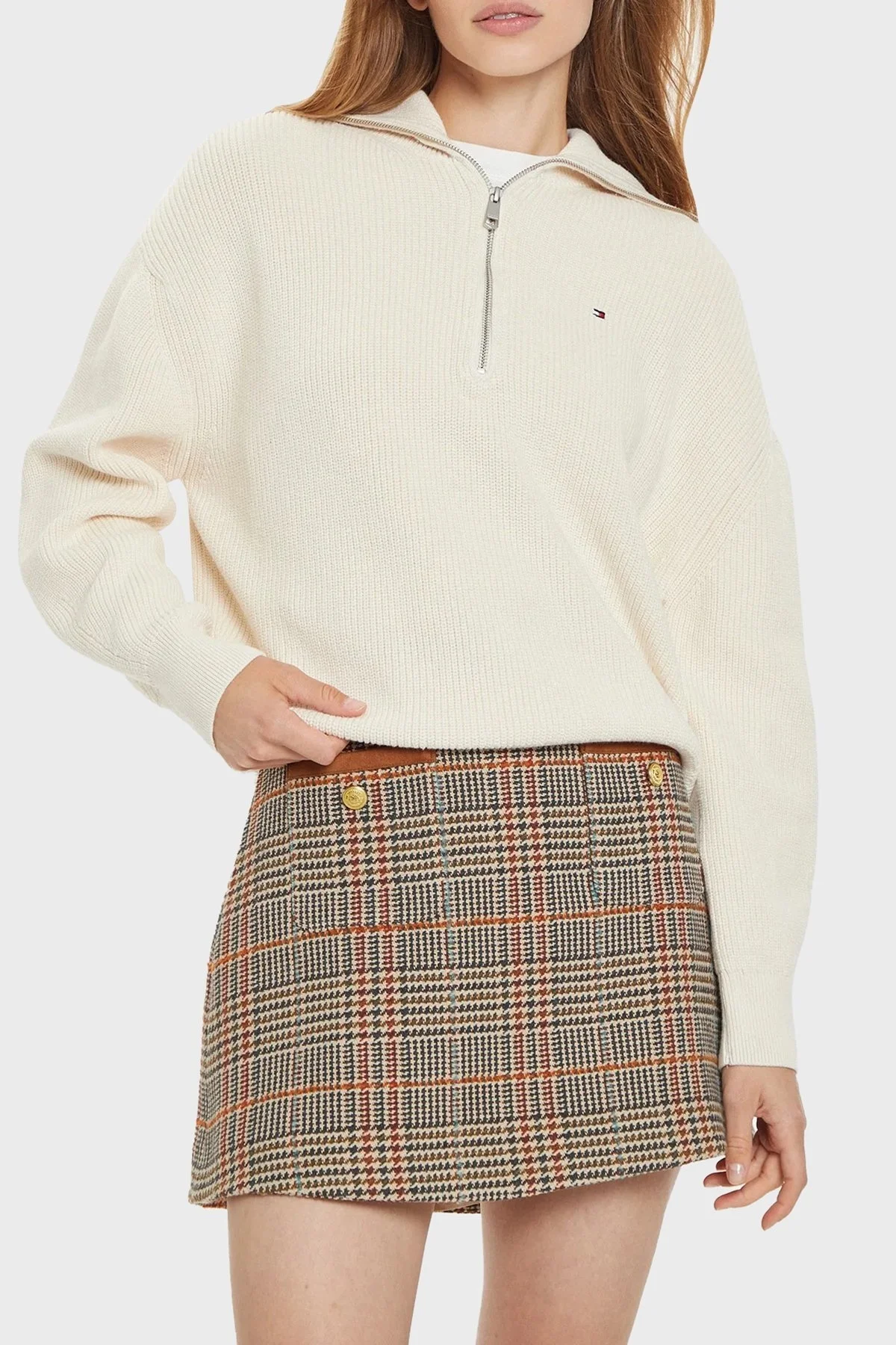 Tommy Hilfiger % 100 Pamuk Relaxed Fit Yarım Fermuarlı Geniş Yaka Örme Bayan Kazak WW0WW42141 Z00 AÇIK BEJ - 1