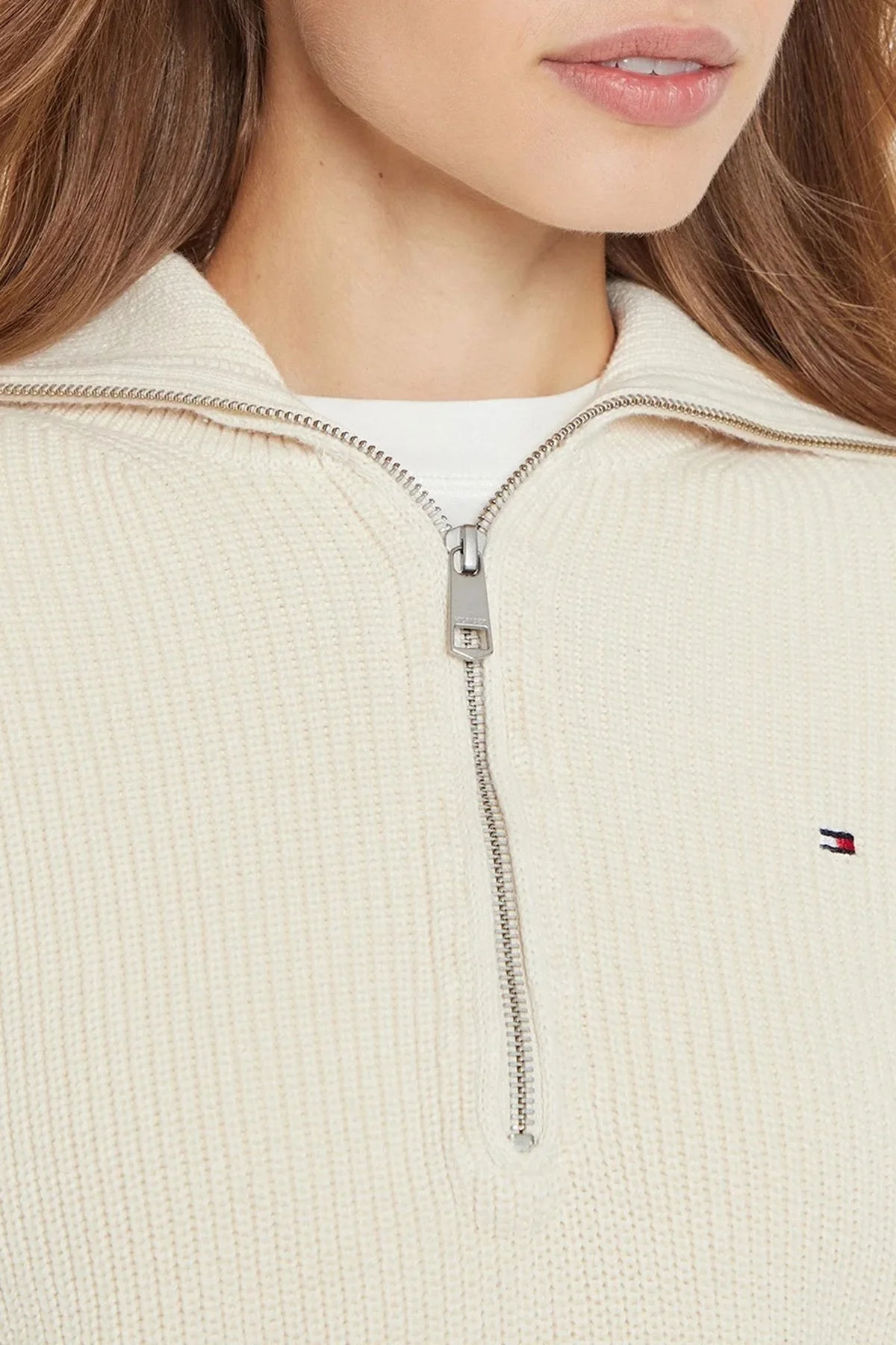 Tommy Hilfiger % 100 Pamuk Relaxed Fit Yarım Fermuarlı Geniş Yaka Örme Bayan Kazak WW0WW42141 Z00 AÇIK BEJ - 4