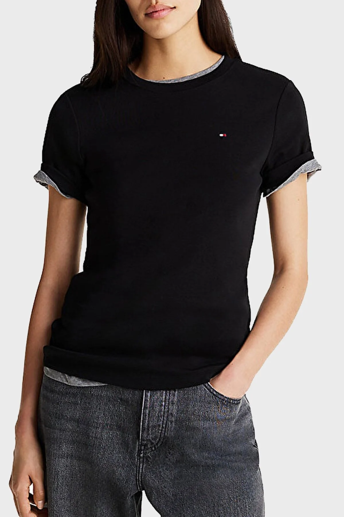 Tommy Hilfiger Çizgili % 100 Pamuk Slim Fit Bisiklet Yaka Bayan T Shirt W0WW40587 BDS SİYAH - 6