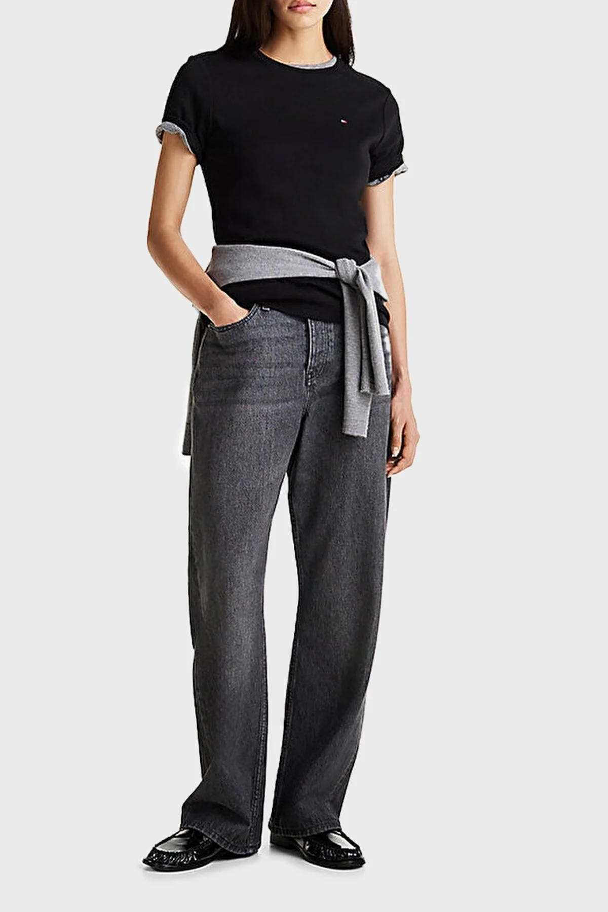 Tommy Hilfiger Çizgili % 100 Pamuk Slim Fit Bisiklet Yaka Bayan T Shirt W0WW40587 BDS SİYAH - 8