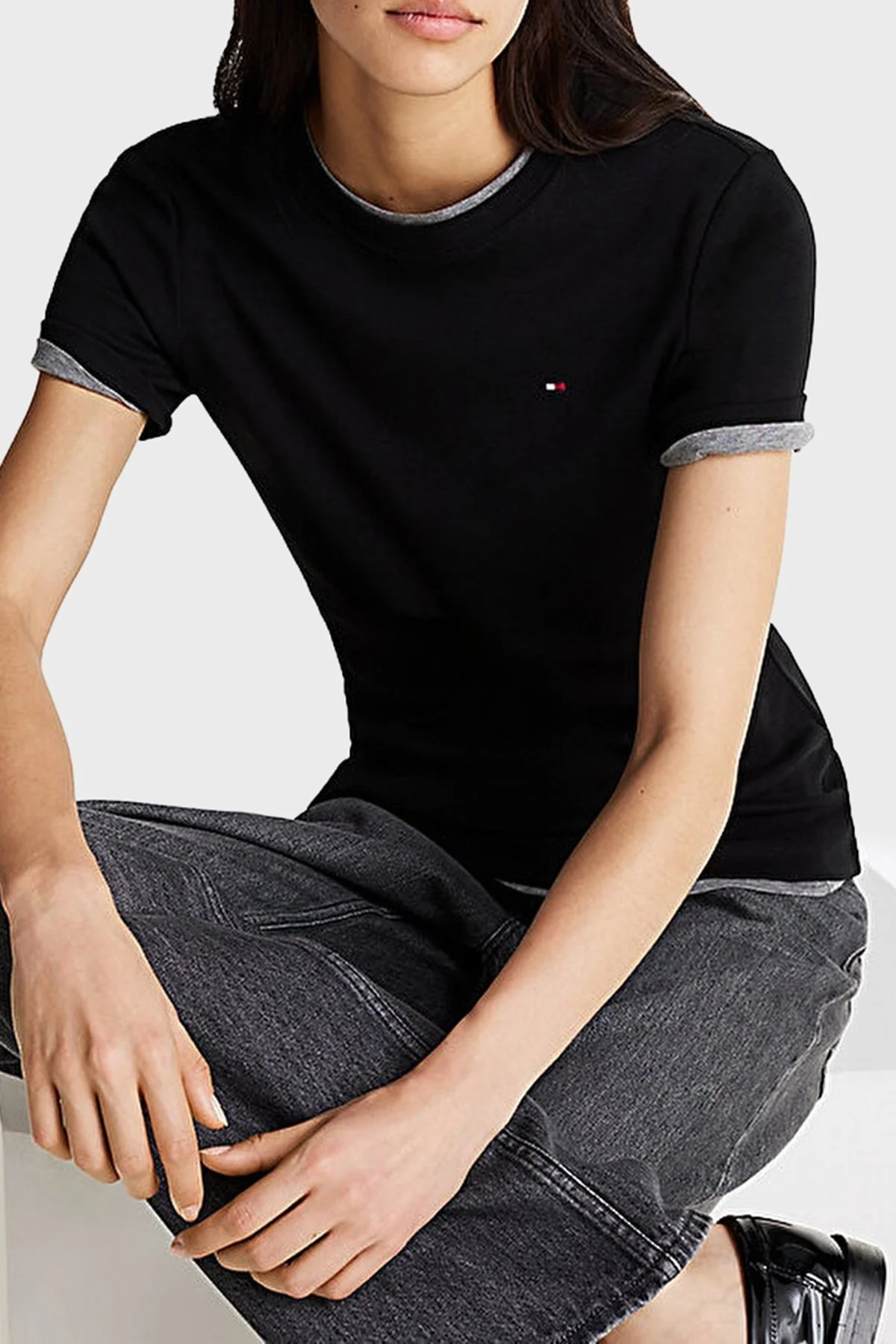 Tommy Hilfiger Çizgili % 100 Pamuk Slim Fit Bisiklet Yaka Bayan T Shirt W0WW40587 BDS SİYAH - 9