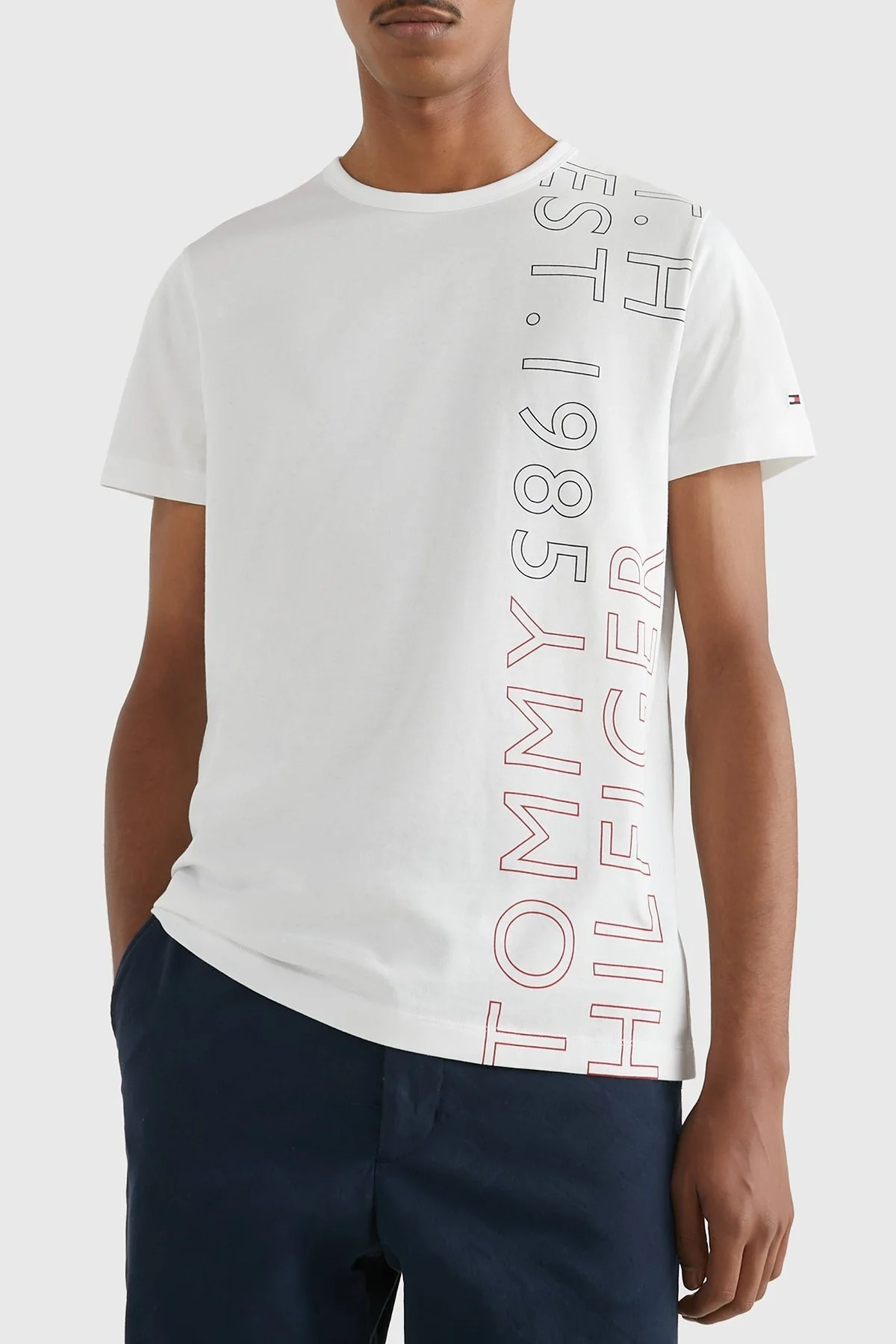 Tommy Hilfiger % 100 Pamuk Slim Fit Bisiklet Yaka Erkek T Shirt MW0MW30038 YBR BEYAZ - 1