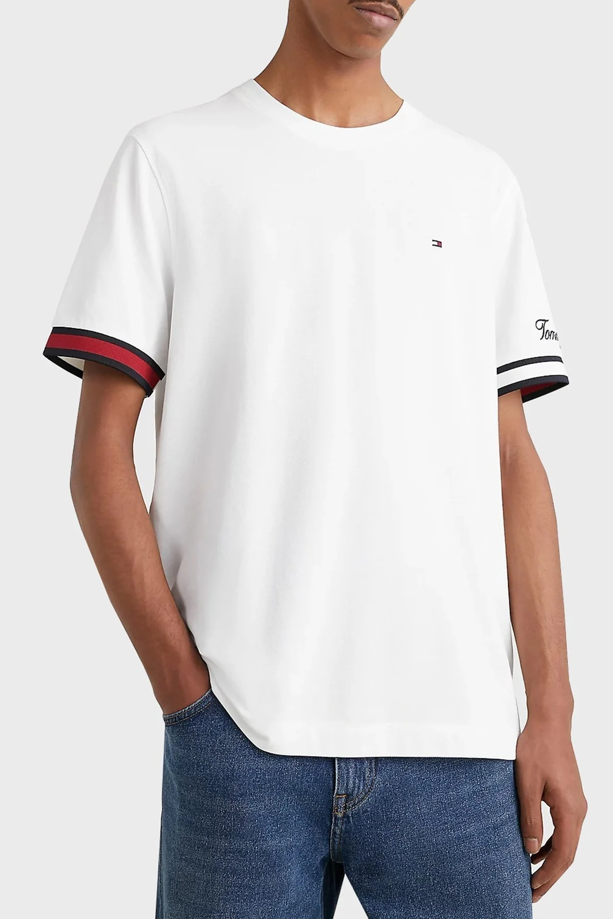 Tommy Hilfiger % 100 Pamuk Slim Fit Bisiklet Yaka Erkek T Shirt MW0MW30039 YBR BEYAZ - 1