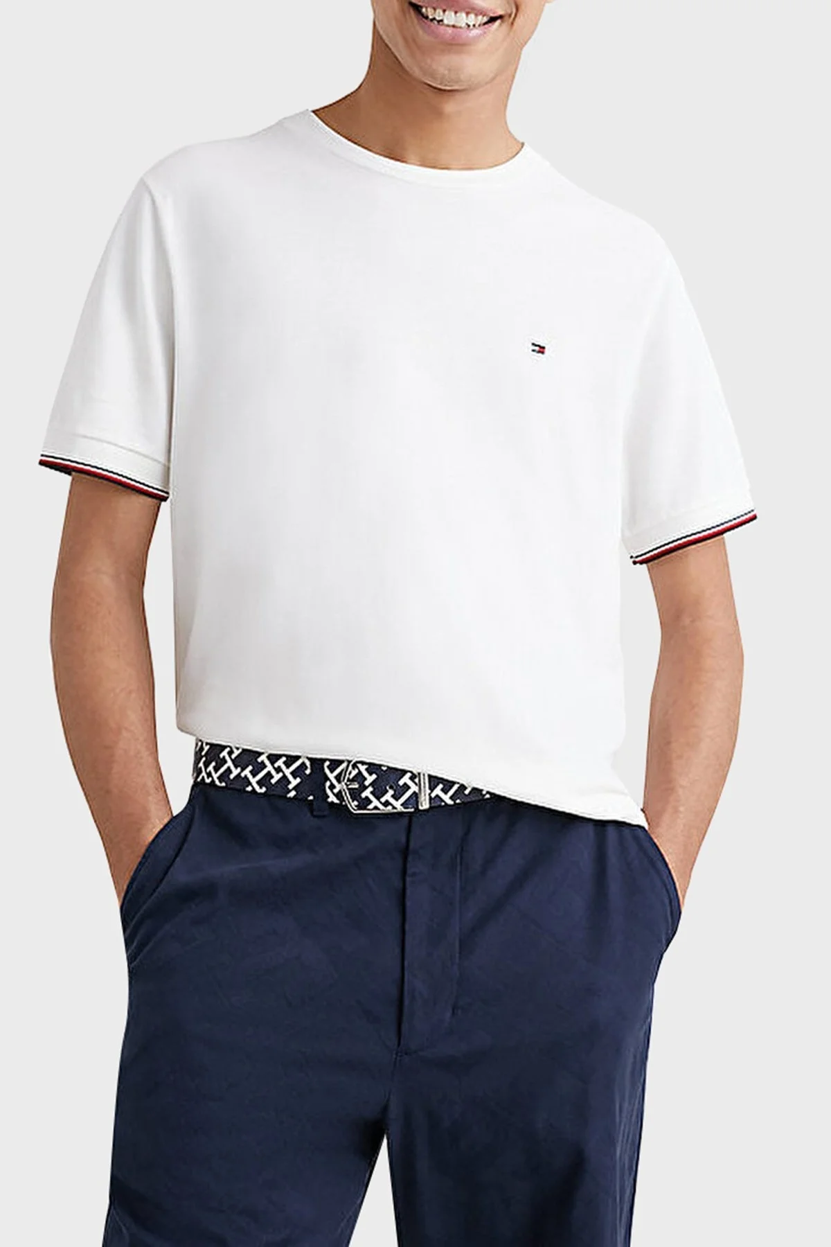 Tommy Hilfiger % 100 Pamuk Slim Fit Bisiklet Yaka Erkek T Shirt MW0MW31379 YBR BEYAZ - 1