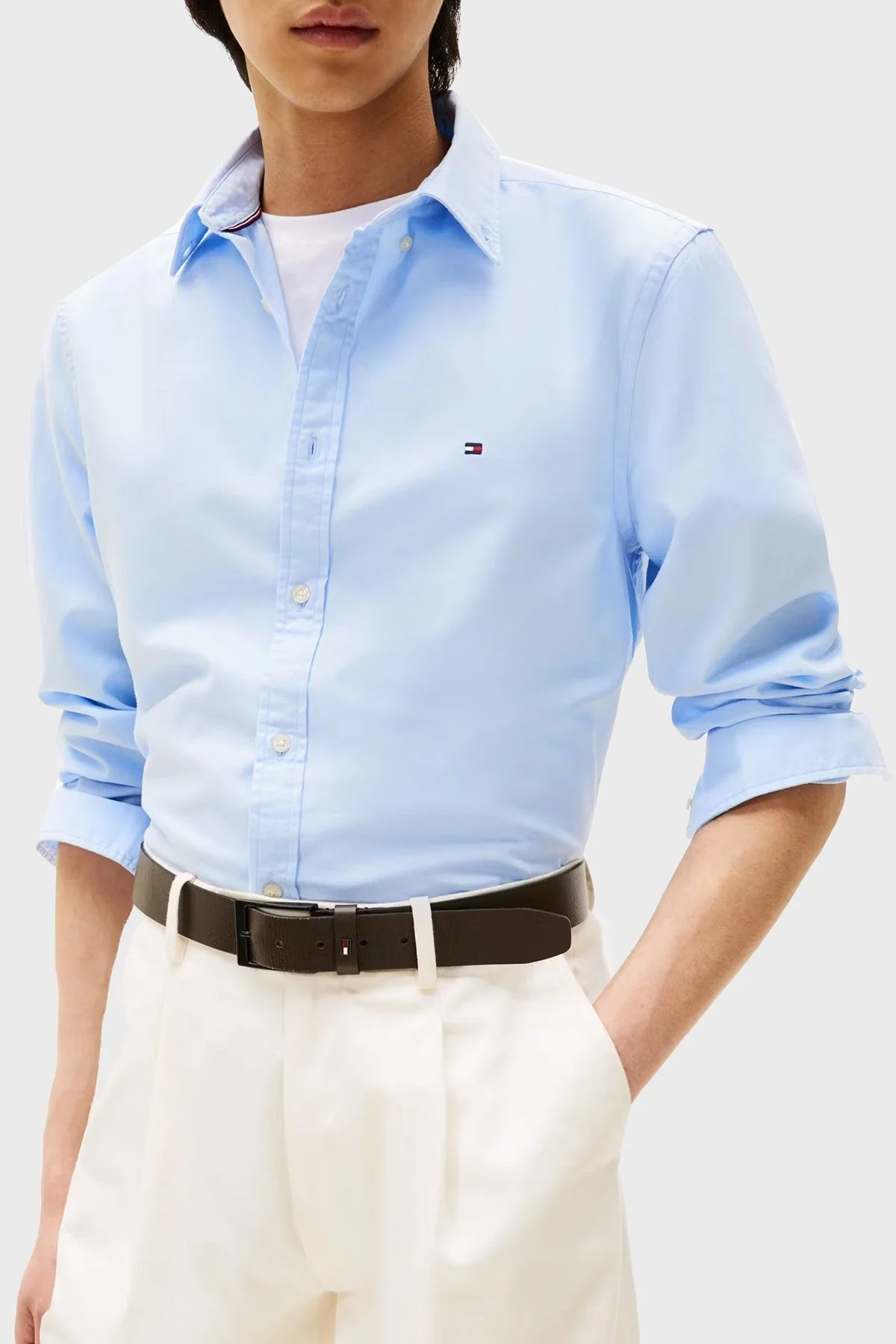 Tommy Hilfiger % 100 Pamuk Slim Fit Düğmeli Yaka Erkek Gömlek MW0MW37578 C3Q AÇIK MAVİ - 1