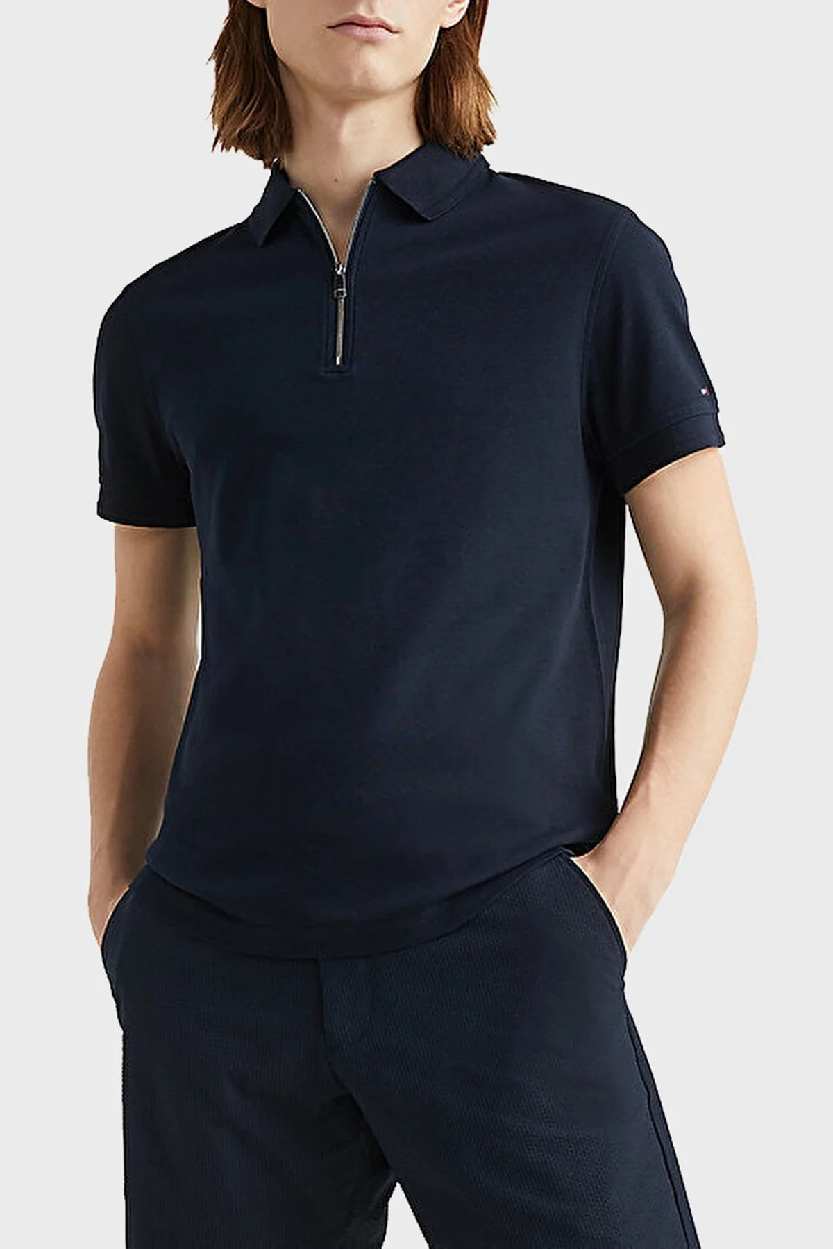 Tommy Hilfiger % 100 Pamuk Slim Fit Fermuarlı Erkek Polo T Shirt MW0MW30762 DW5 LACİVERT - 1