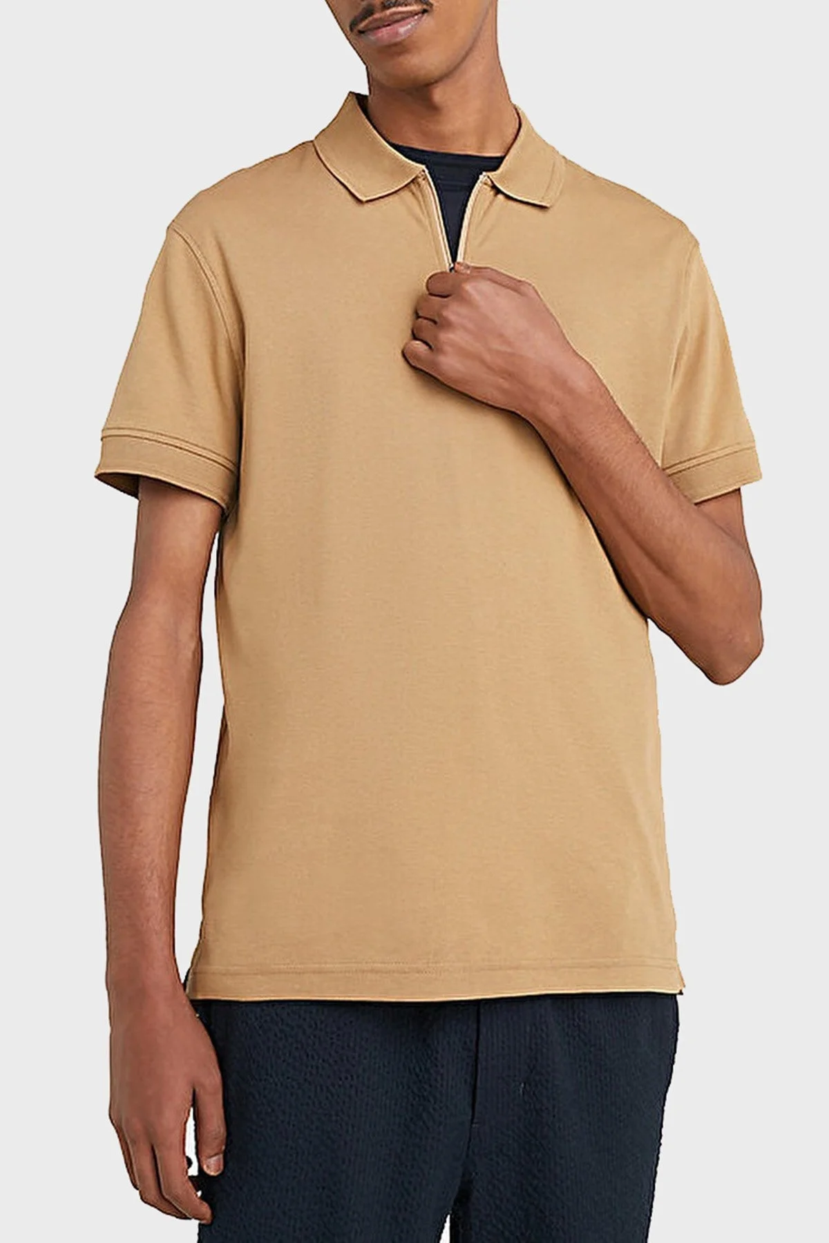 Tommy Hilfiger % 100 Pamuk Slim Fit Fermuarlı Erkek Polo T Shirt MW0MW30762 GW8 CAMEL - 6