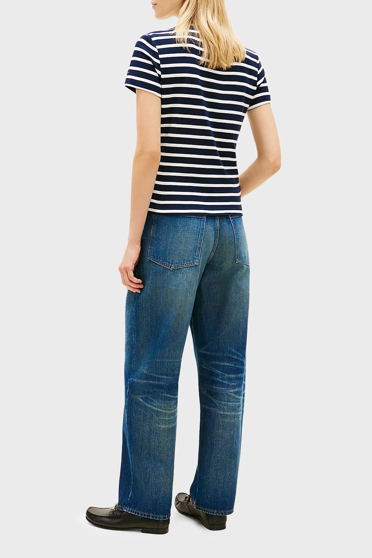 Tommy Hilfiger % 100 Pamuk Slim Fit Kayık Yaka Kadın T Shirt WW0WW49250 0X3 LACİVERT-BEYAZ - 3