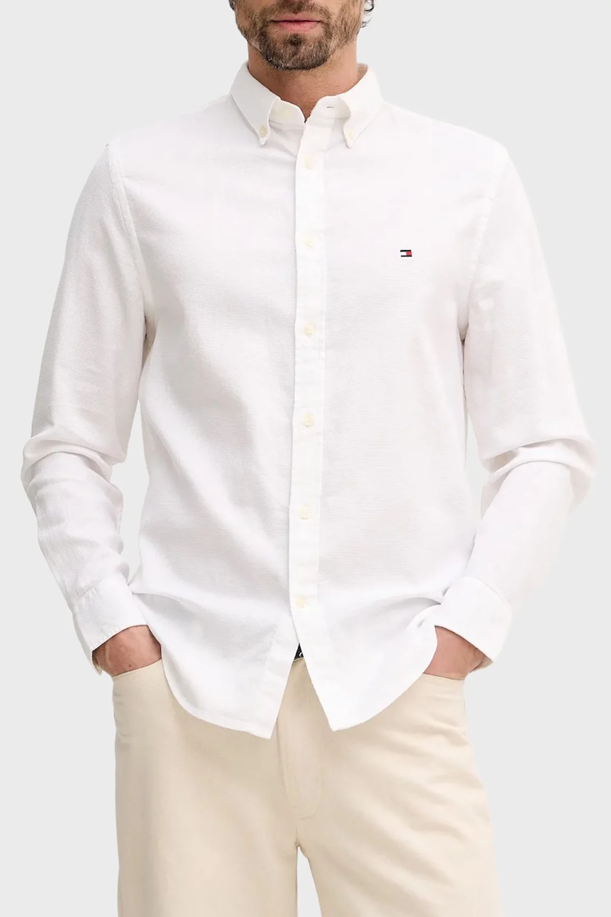 Tommy Hilfiger % 100 Pamuk Slim Fit Klasik Yaka Erkek Gömlek MW0MW41684 YBR BEYAZ - 1