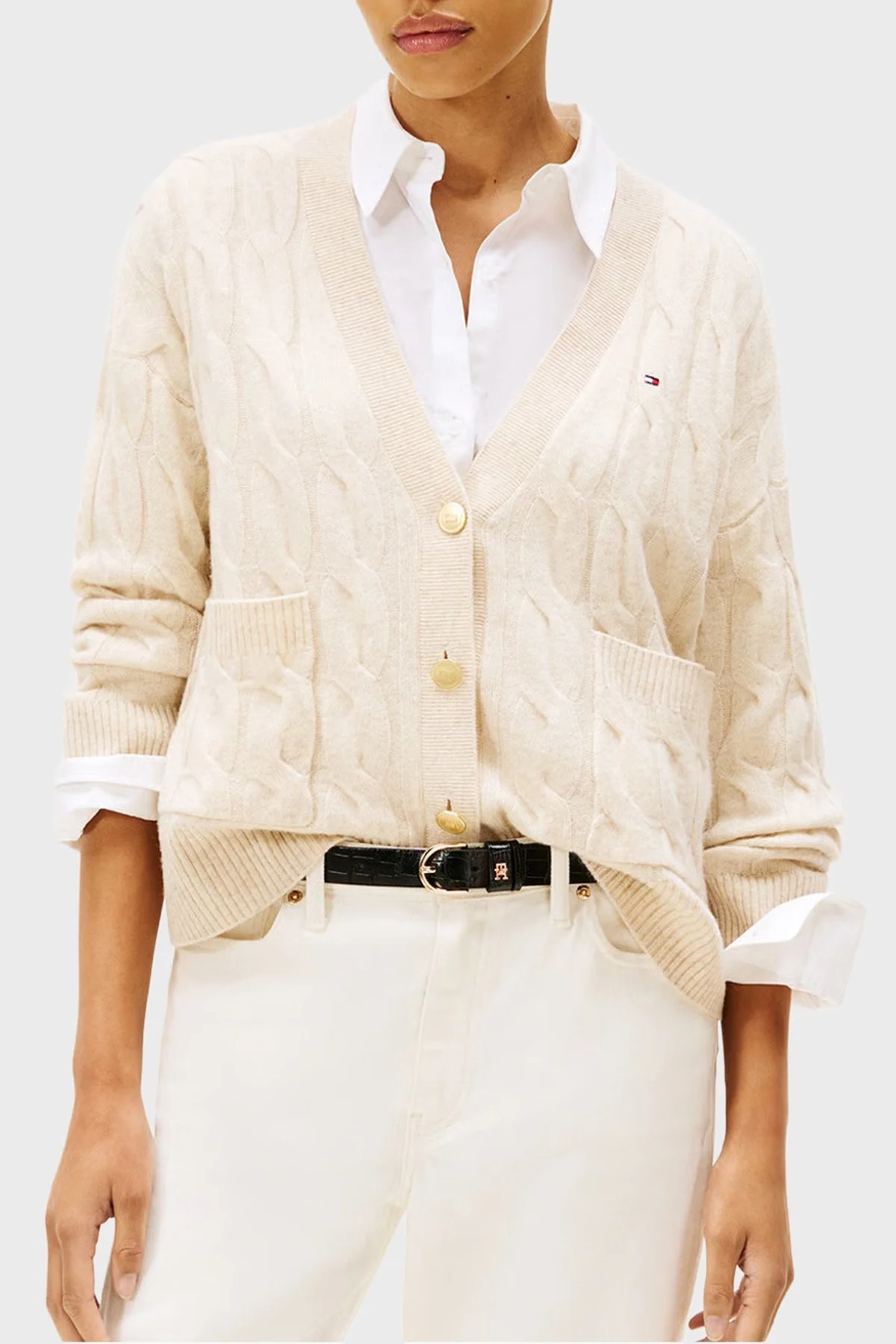 Tommy Hilfiger % 100 Yün Oversize V Yaka Örme Bayan Hırka WW0WW43089 ADK BEJ - 1