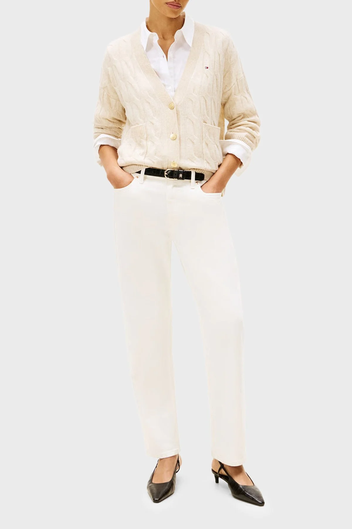 Tommy Hilfiger % 100 Yün Oversize V Yaka Örme Bayan Hırka WW0WW43089 ADK BEJ - 2