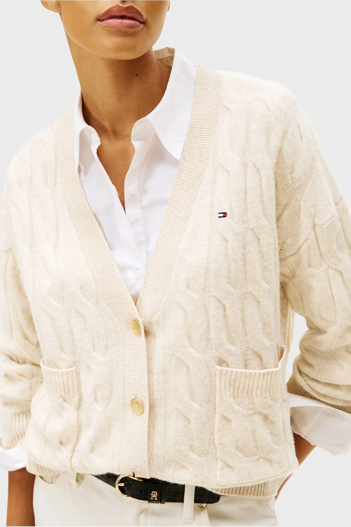 Tommy Hilfiger % 100 Yün Oversize V Yaka Örme Bayan Hırka WW0WW43089 ADK BEJ - 4