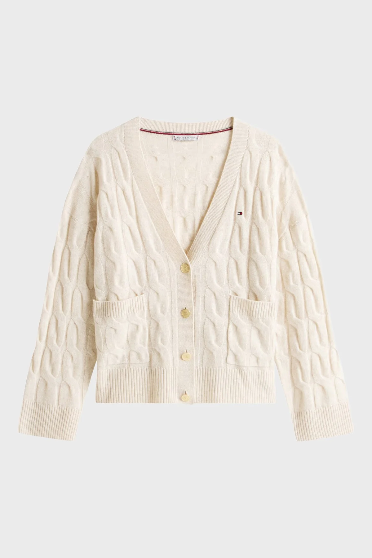 Tommy Hilfiger % 100 Yün Oversize V Yaka Örme Bayan Hırka WW0WW43089 ADK BEJ - 5