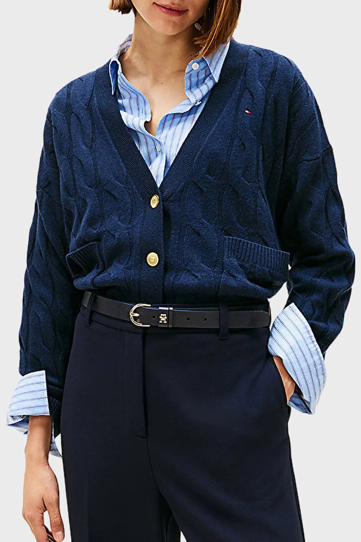 Tommy Hilfiger % 100 Yün Oversize V Yaka Örme Bayan Hırka WW0WW43089 C1G LACİVERT - 1