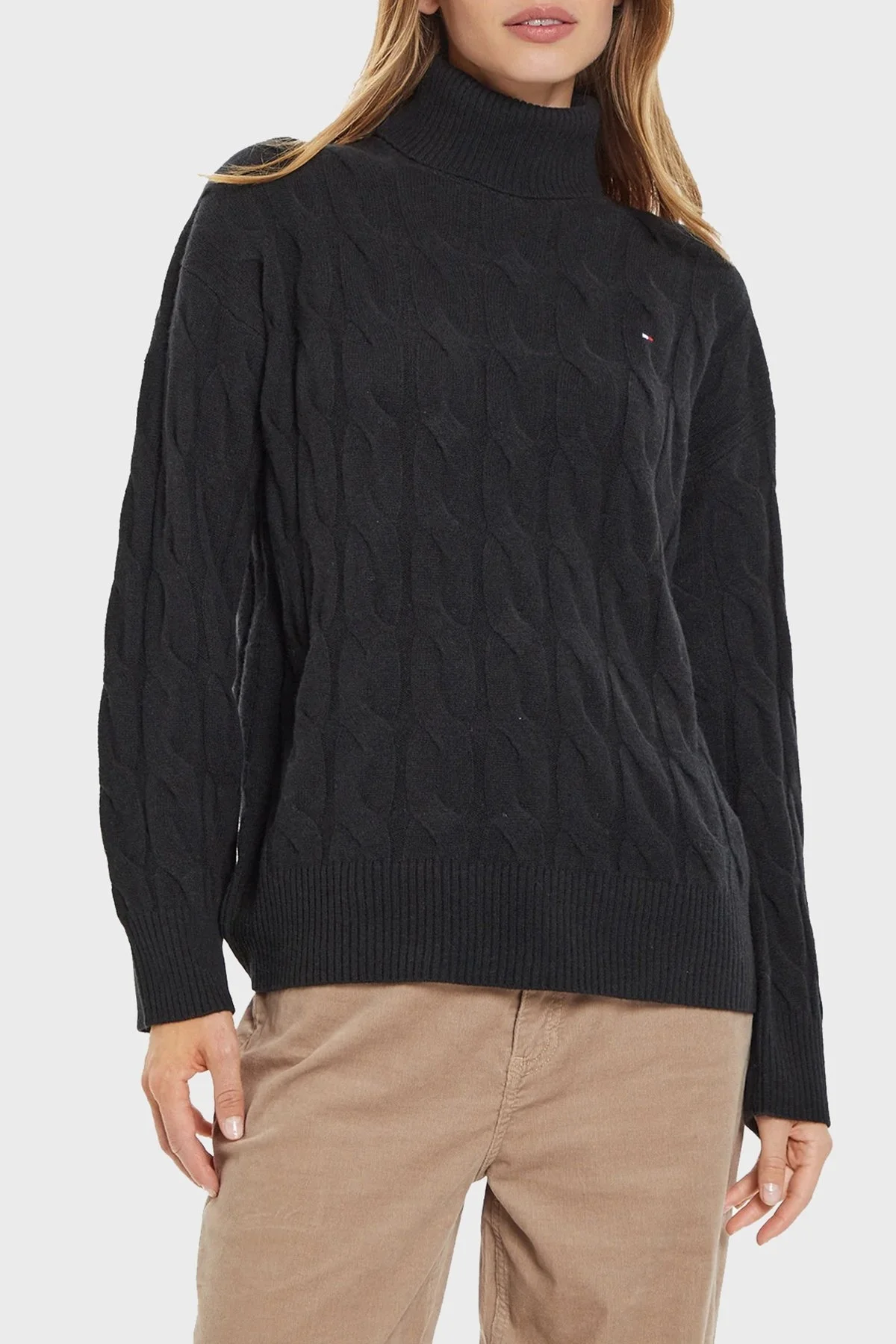 Tommy Hilfiger % 100 Yün Regular Fit Balıkçı Yaka Bayan Kazak WW0WW43102 BDS SİYAH - 1