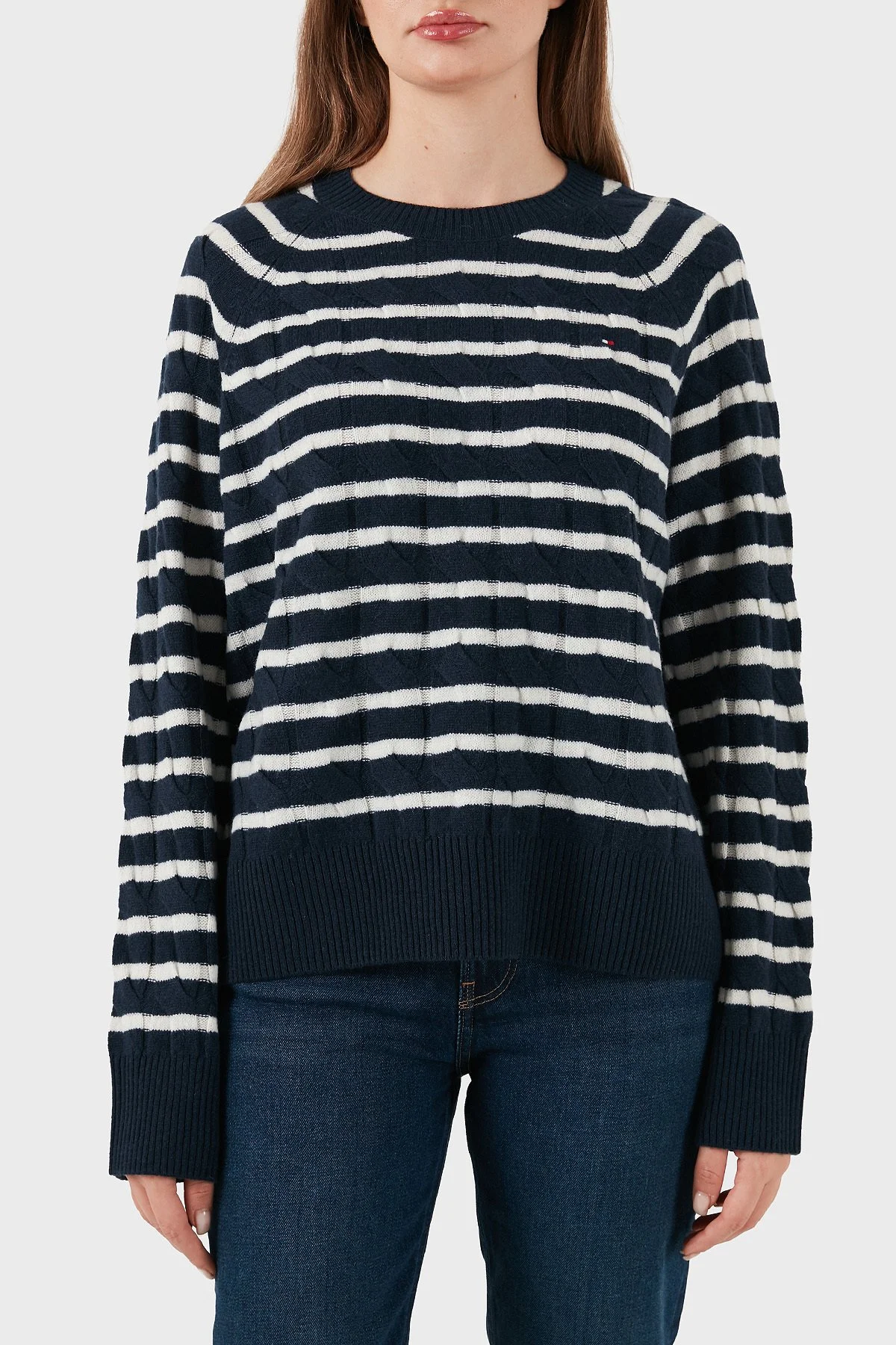 Tommy Hilfiger % 100 Yün Regular Fit Bisiklet Yaka Çizgili Bayan Kazak WW0WW48394 0Y7 LACİVERT-BEYAZ - 1