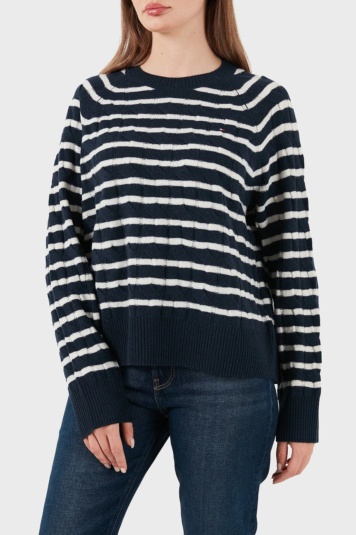 Tommy Hilfiger % 100 Yün Regular Fit Bisiklet Yaka Çizgili Bayan Kazak WW0WW48394 0Y7 LACİVERT-BEYAZ - 3