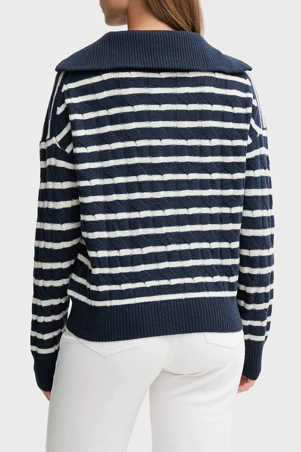 Tommy Hilfiger % 100 Yün Relaxed Fit Yarım Fermuarlı Dik Yaka Örgü Bayan Kazak WW0WW46425 0Y7 LACİVERT-BEYAZ - 3