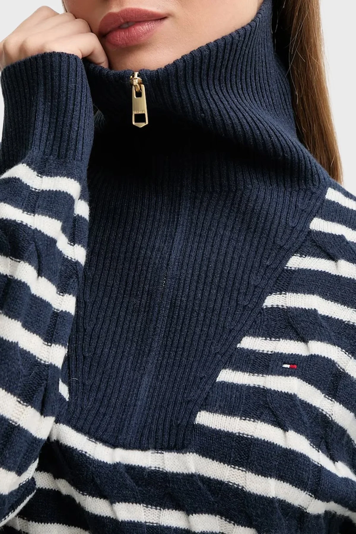 Tommy Hilfiger % 100 Yün Relaxed Fit Yarım Fermuarlı Dik Yaka Örgü Bayan Kazak WW0WW46425 0Y7 LACİVERT-BEYAZ - 5