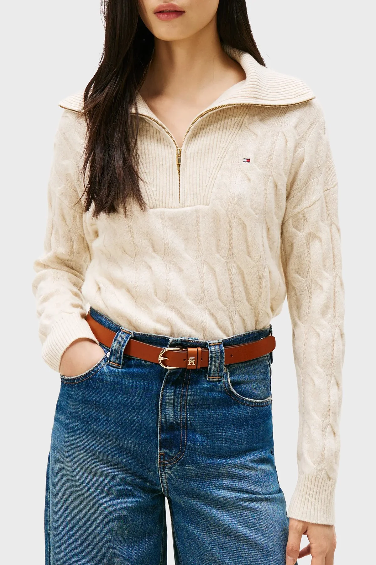 Tommy Hilfiger % 100 Yün Relaxed Fit Yarım Fermuarlı Dik Yaka Örgü Bayan Kazak WW0WW46425 ADK BEJ - 1