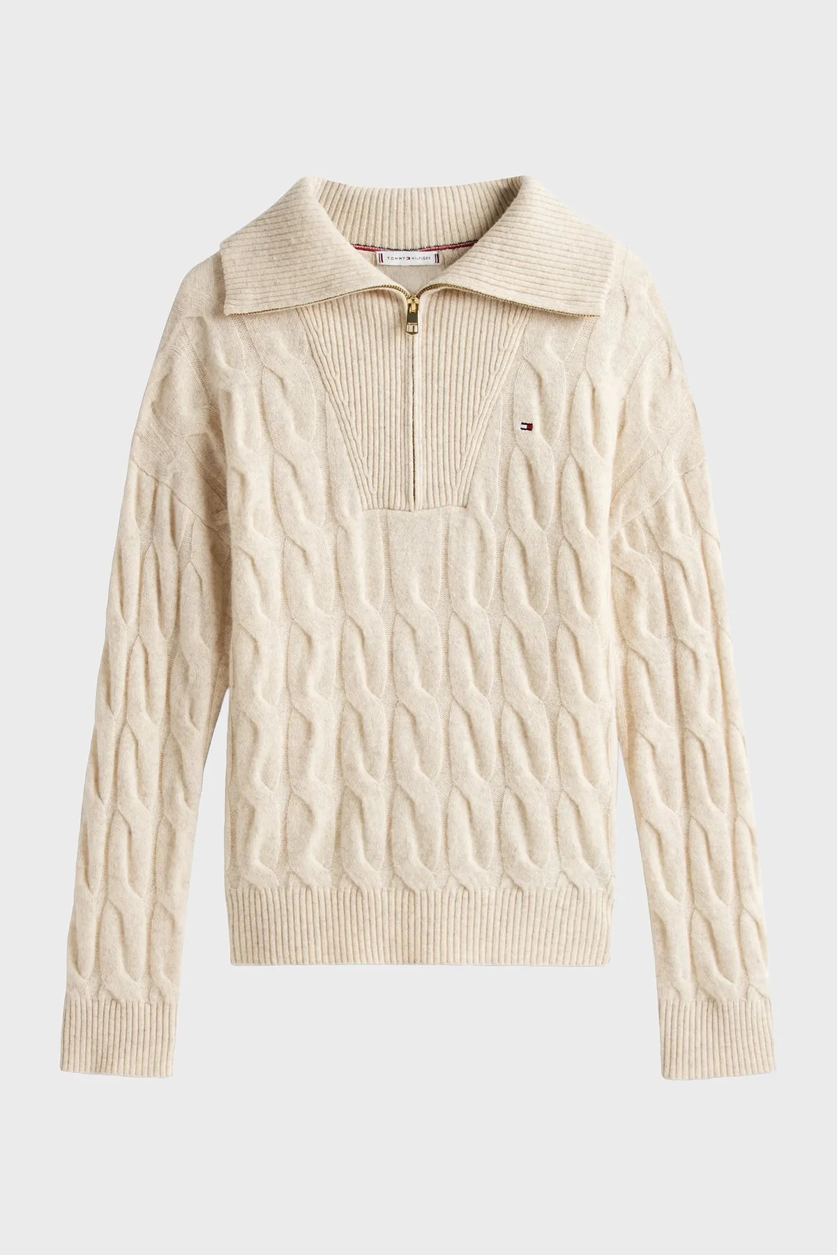 Tommy Hilfiger % 100 Yün Relaxed Fit Yarım Fermuarlı Dik Yaka Örgü Bayan Kazak WW0WW46425 ADK BEJ - 5