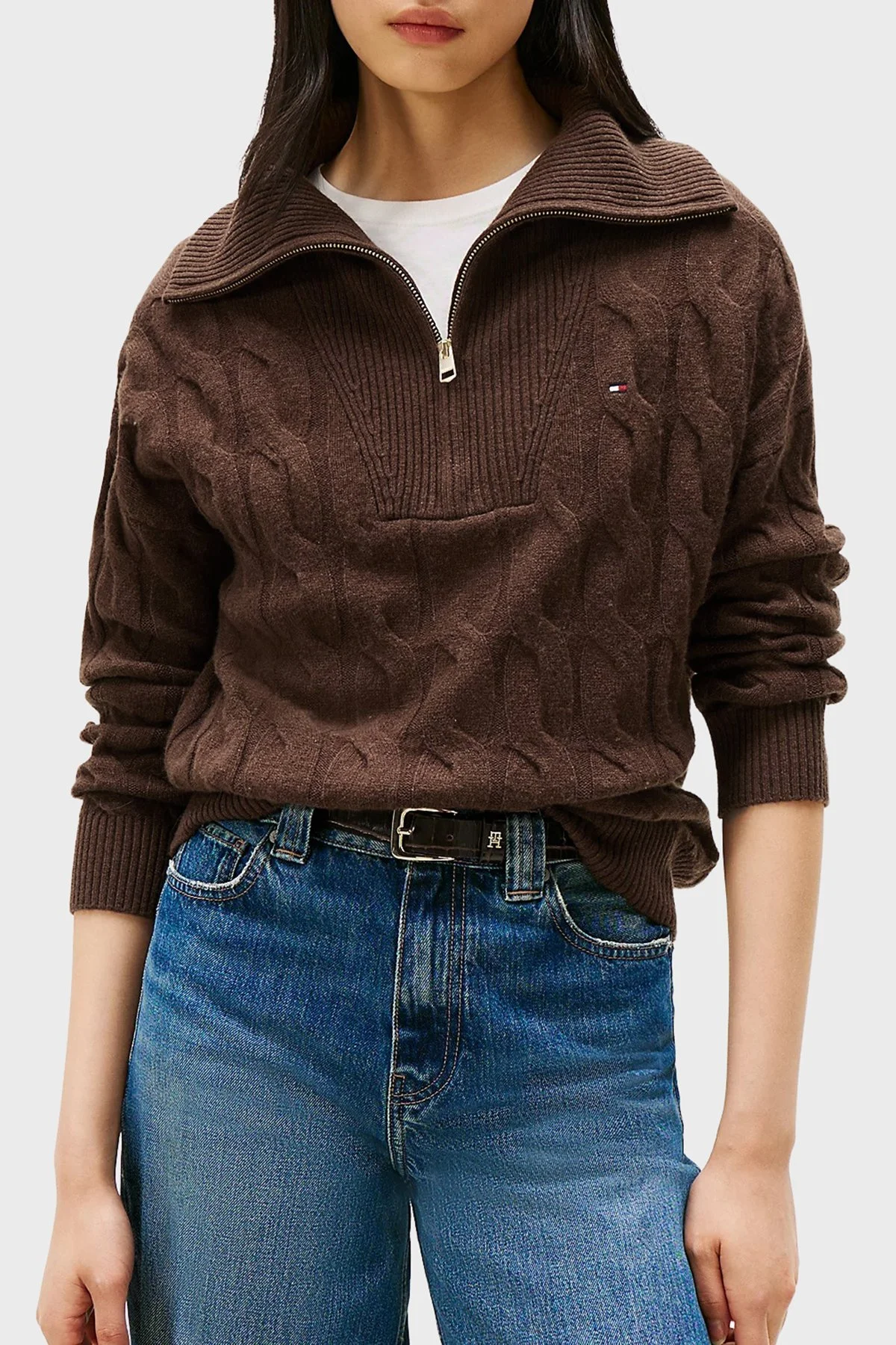 Tommy Hilfiger % 100 Yün Relaxed Fit Yarım Fermuarlı Dik Yaka Örgü Bayan Kazak WW0WW46425 GV0 KAHVE - 1