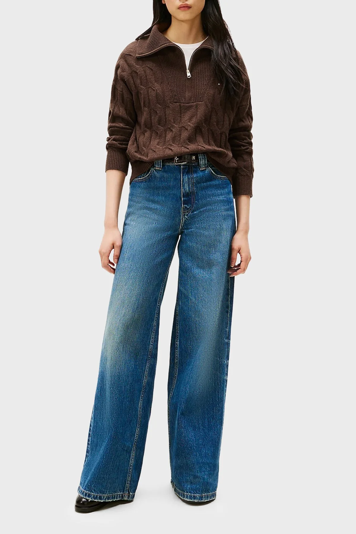 Tommy Hilfiger % 100 Yün Relaxed Fit Yarım Fermuarlı Dik Yaka Örgü Bayan Kazak WW0WW46425 GV0 KAHVE - 2