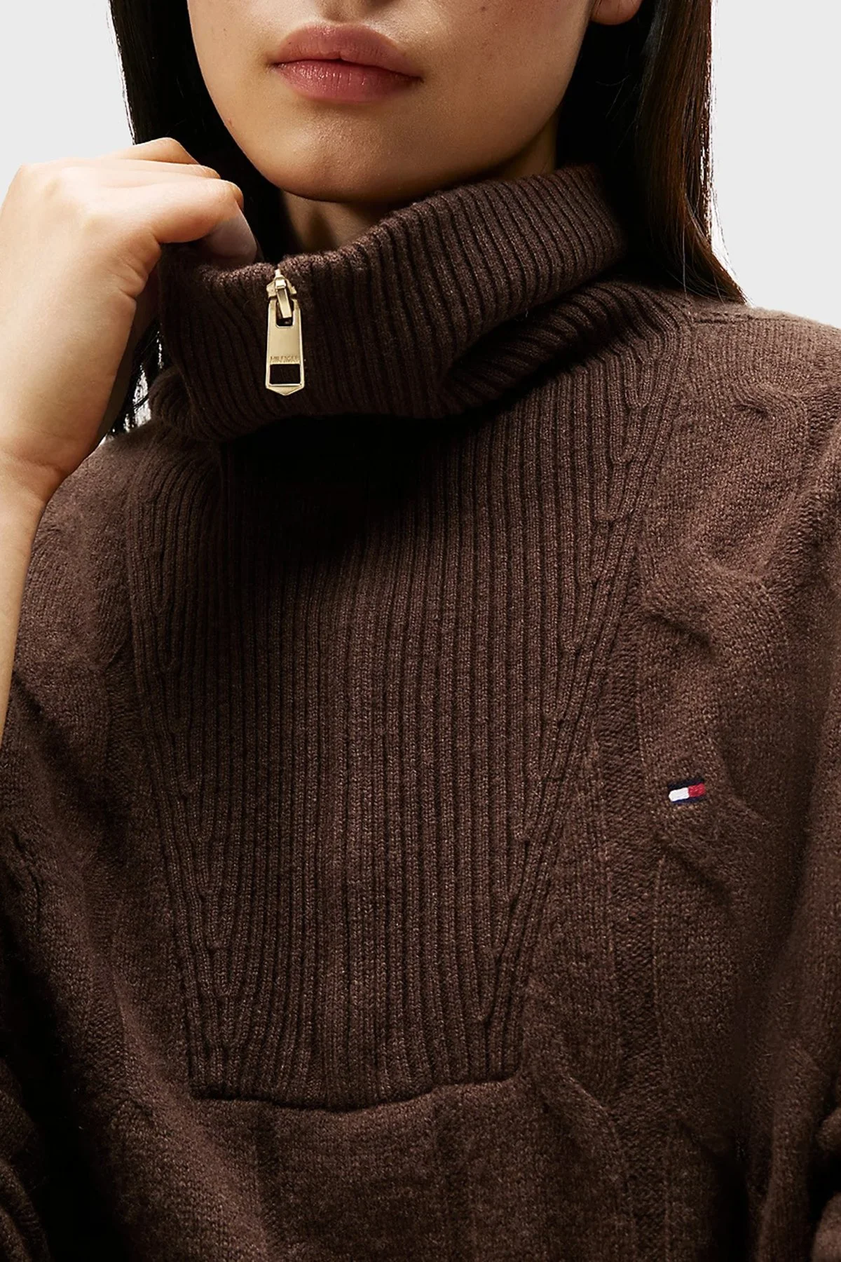 Tommy Hilfiger % 100 Yün Relaxed Fit Yarım Fermuarlı Dik Yaka Örgü Bayan Kazak WW0WW46425 GV0 KAHVE - 4