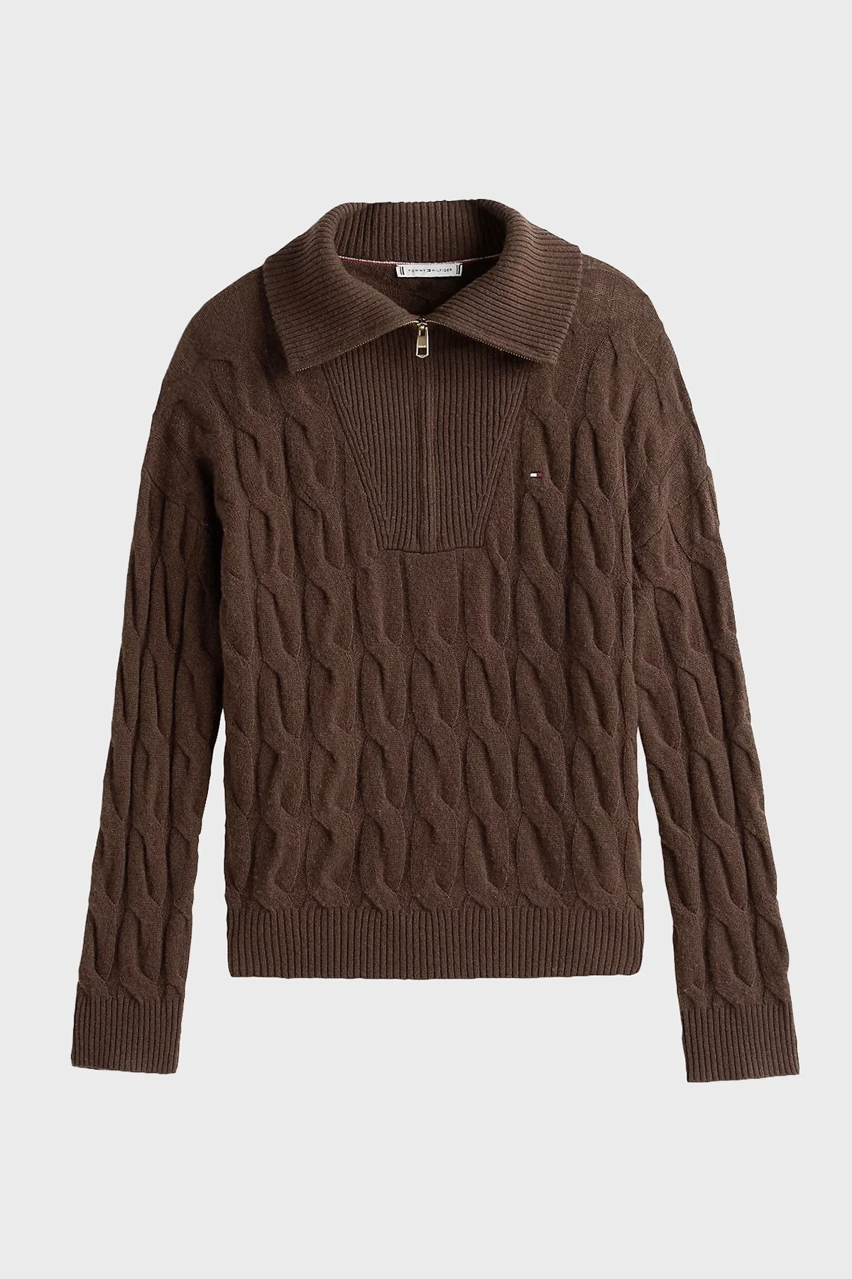 Tommy Hilfiger % 100 Yün Relaxed Fit Yarım Fermuarlı Dik Yaka Örgü Bayan Kazak WW0WW46425 GV0 KAHVE - 5