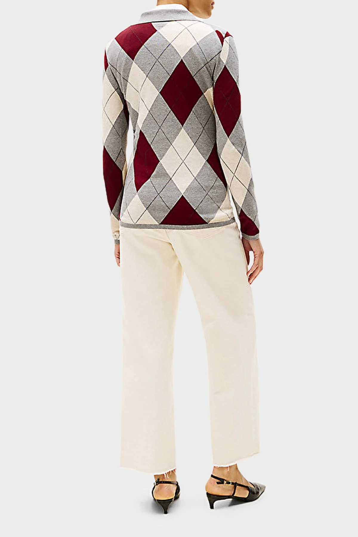 Tommy Hilfiger Baklava Desenli Pamuklu Regular Fit Bayan Polo Yaka Kazak WW0WW48393 0K1 GRİ-BORDO - 3