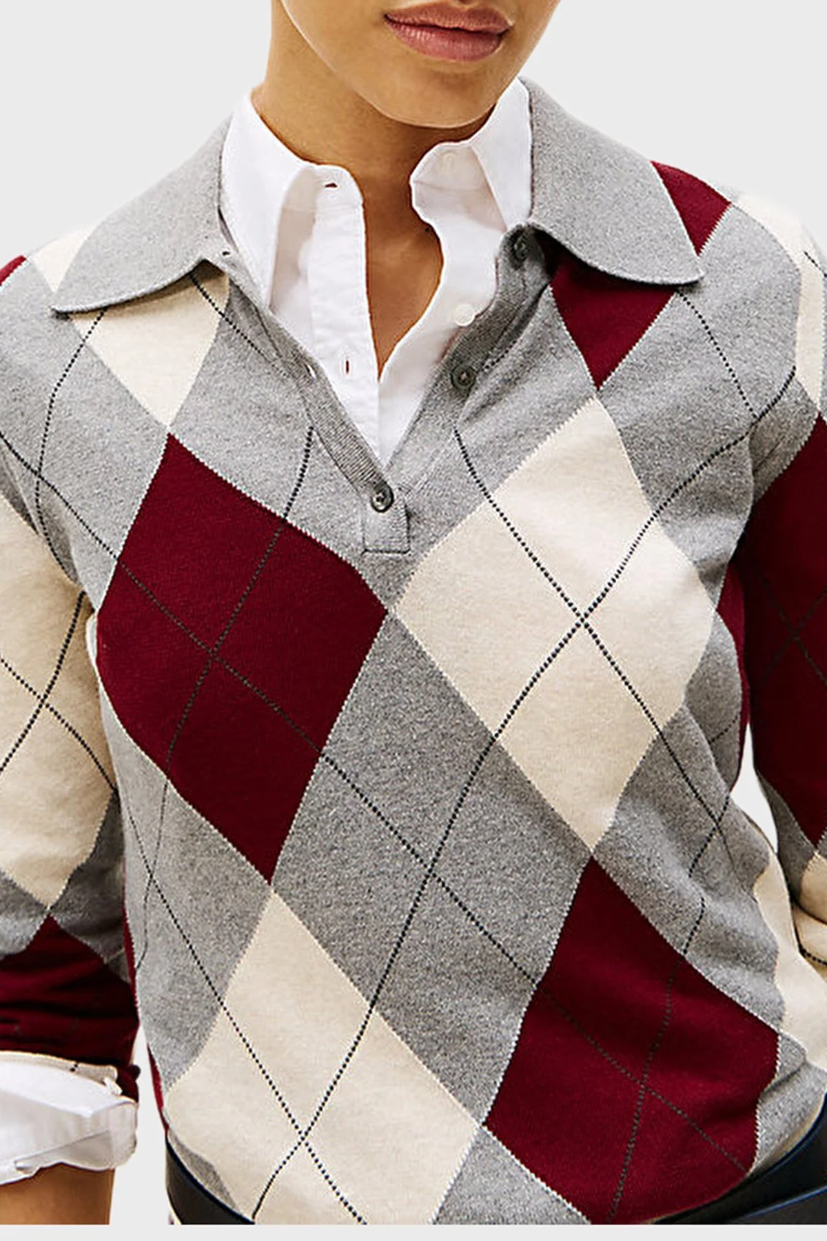 Tommy Hilfiger Baklava Desenli Pamuklu Regular Fit Bayan Polo Yaka Kazak WW0WW48393 0K1 GRİ-BORDO - 4