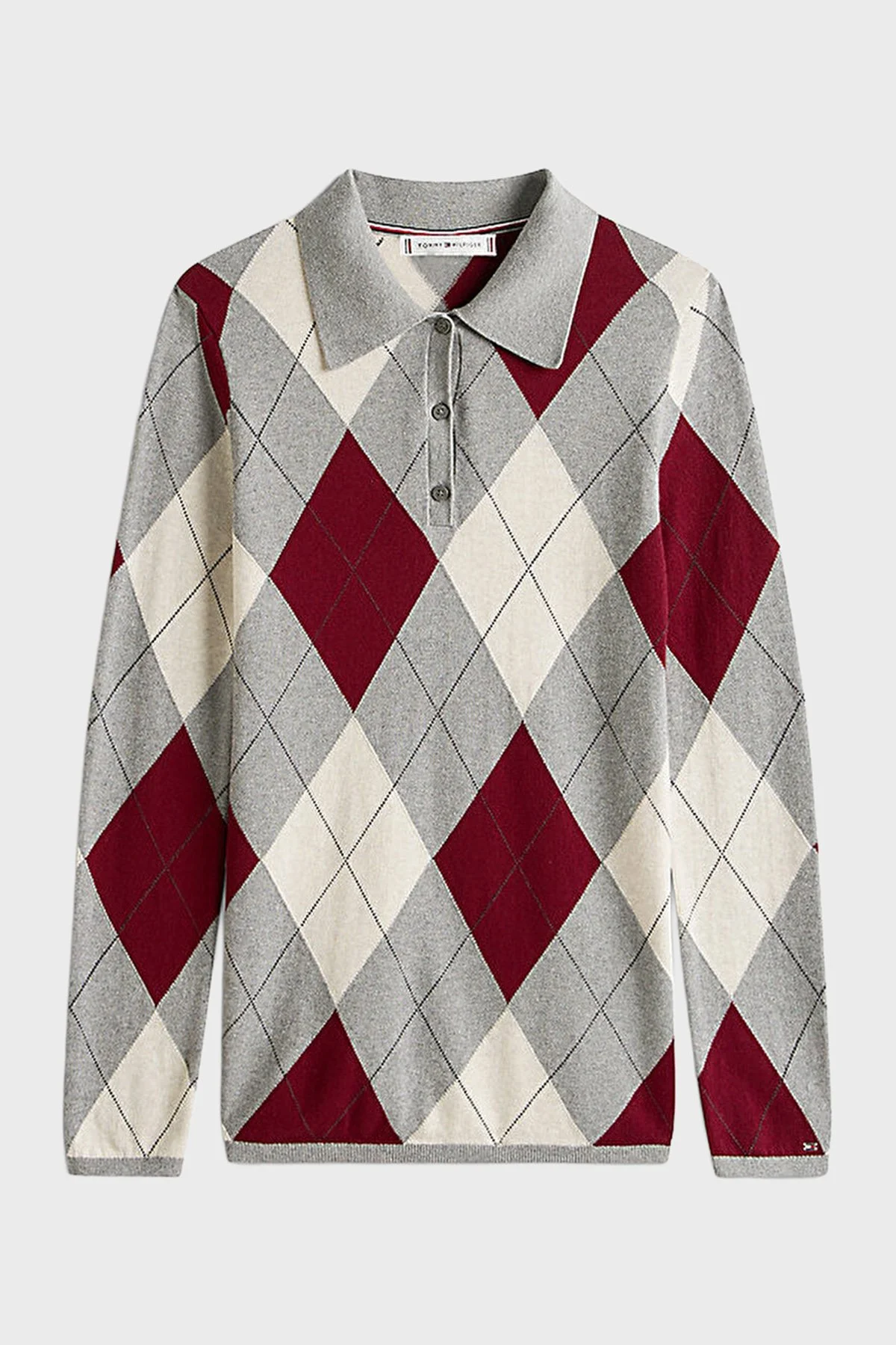 Tommy Hilfiger Baklava Desenli Pamuklu Regular Fit Bayan Polo Yaka Kazak WW0WW48393 0K1 GRİ-BORDO - 5