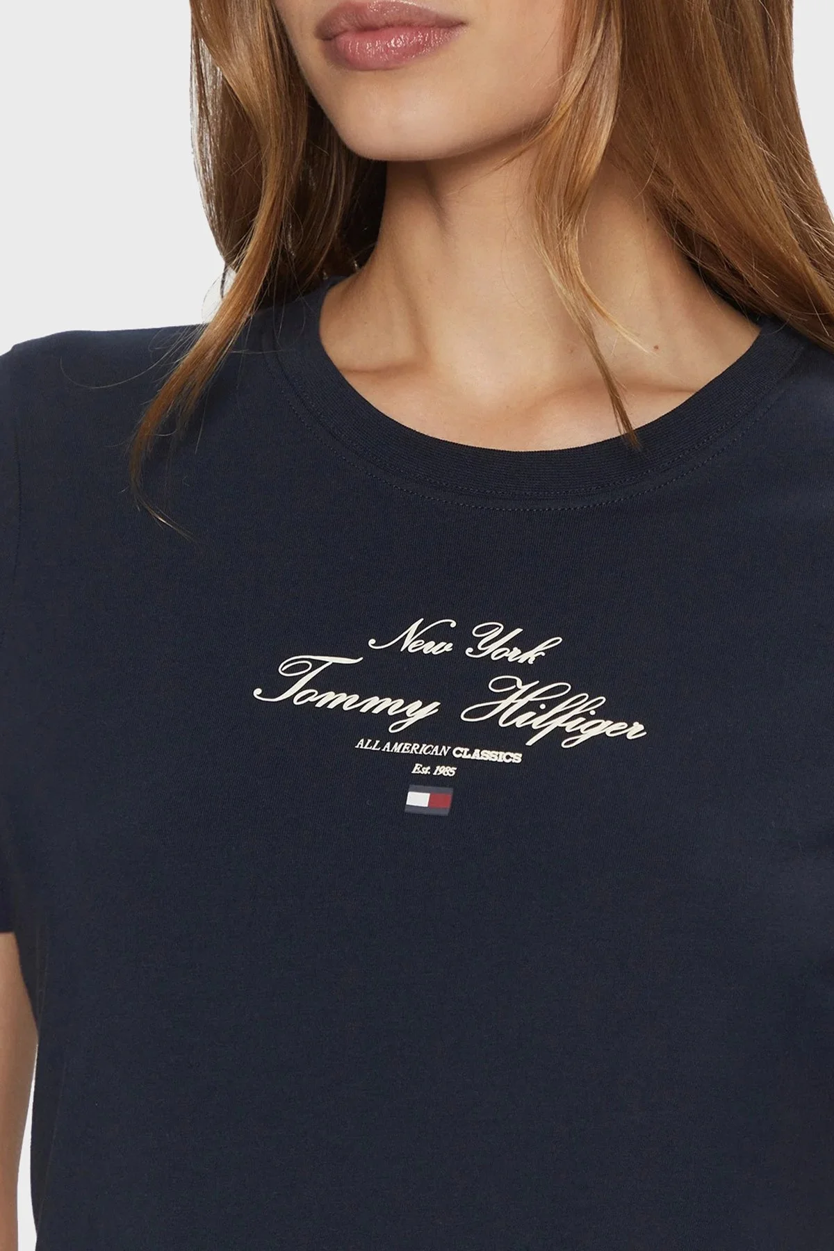 Tommy Hilfiger Baskılı % 100 Pamuk Regular Fit Bisiklet Yaka Bayan T Shirt WW0WW43895 C1G LACİVERT - 4