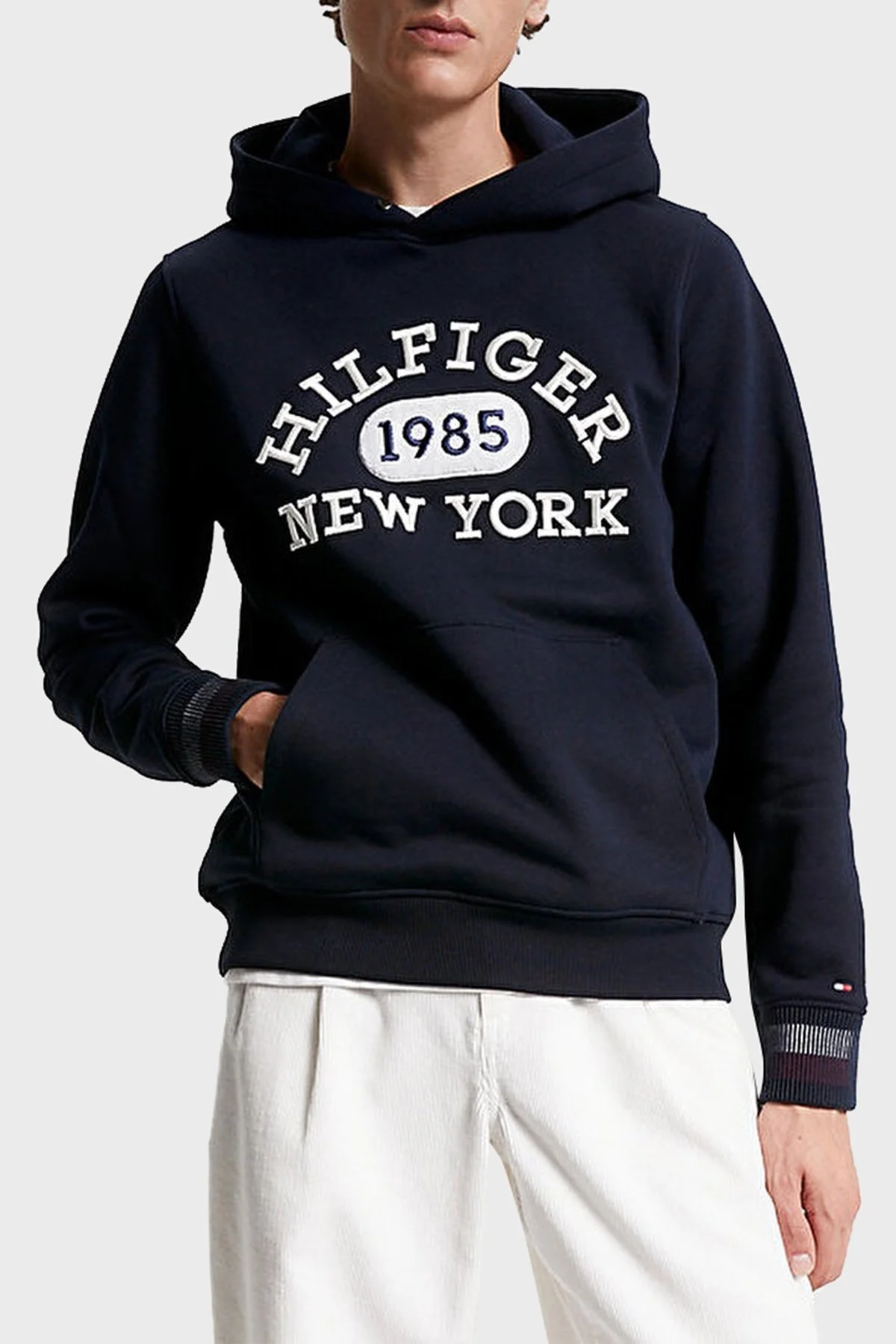 Tommy Hilfiger Baskılı Kapüşonlu Kanguru Cepli Regular Fit Erkek Sweat MW0MW32682 DW5 LACİVERT - 1
