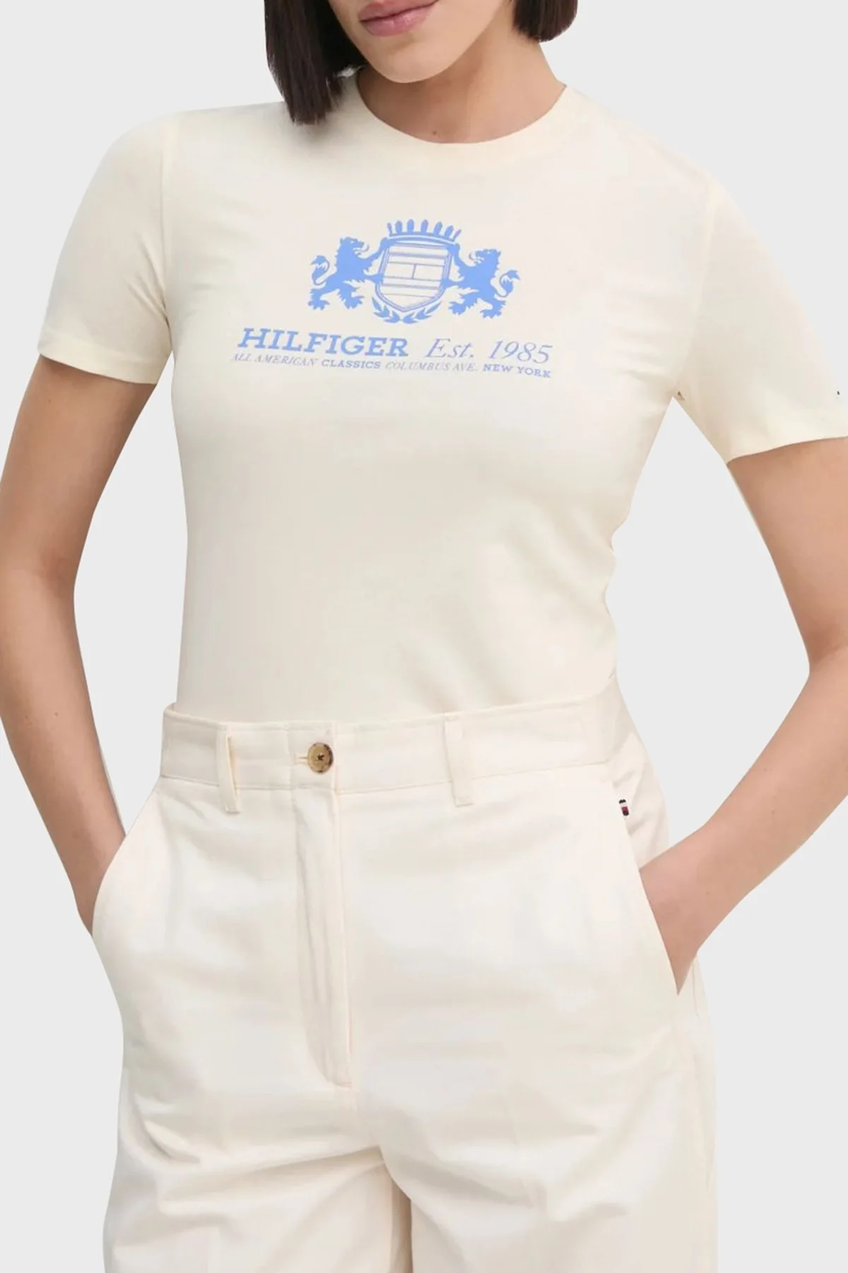 Tommy Hilfiger Baskılı Streç Pamuklu Slim Fit Bisiklet Yaka Bayan T Shirt WW0WW43892 AEF BEJ - 1