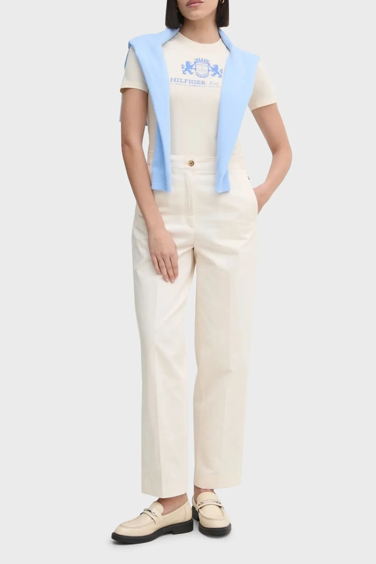 Tommy Hilfiger Baskılı Streç Pamuklu Slim Fit Bisiklet Yaka Bayan T Shirt WW0WW43892 AEF BEJ - 3