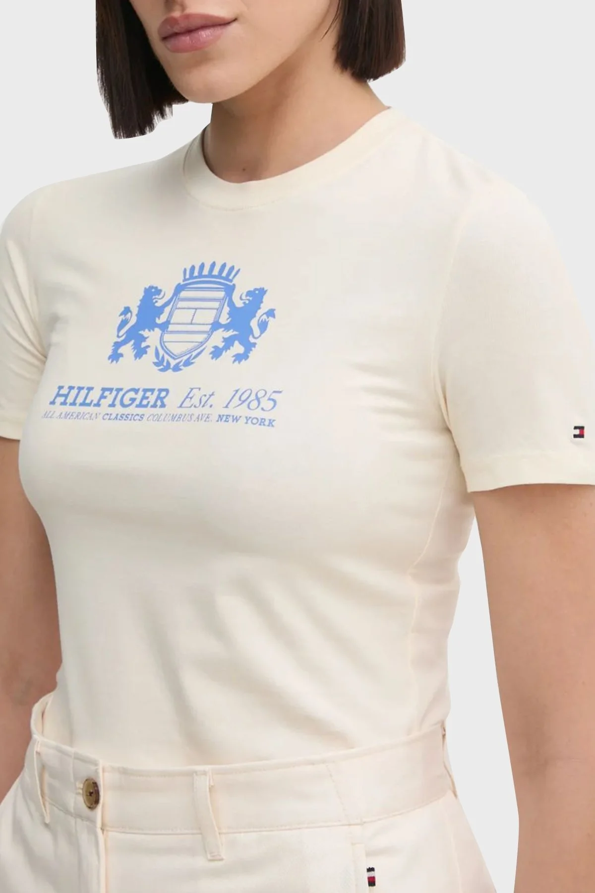 Tommy Hilfiger Baskılı Streç Pamuklu Slim Fit Bisiklet Yaka Bayan T Shirt WW0WW43892 AEF BEJ - 4