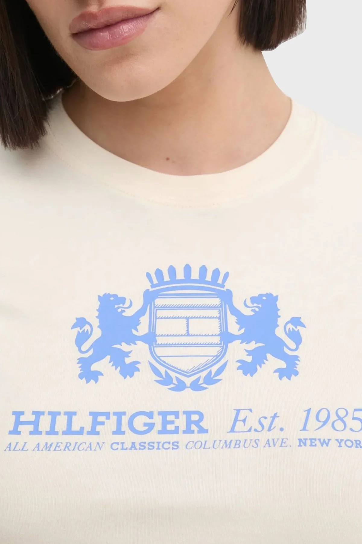 Tommy Hilfiger Baskılı Streç Pamuklu Slim Fit Bisiklet Yaka Bayan T Shirt WW0WW43892 AEF BEJ - 5