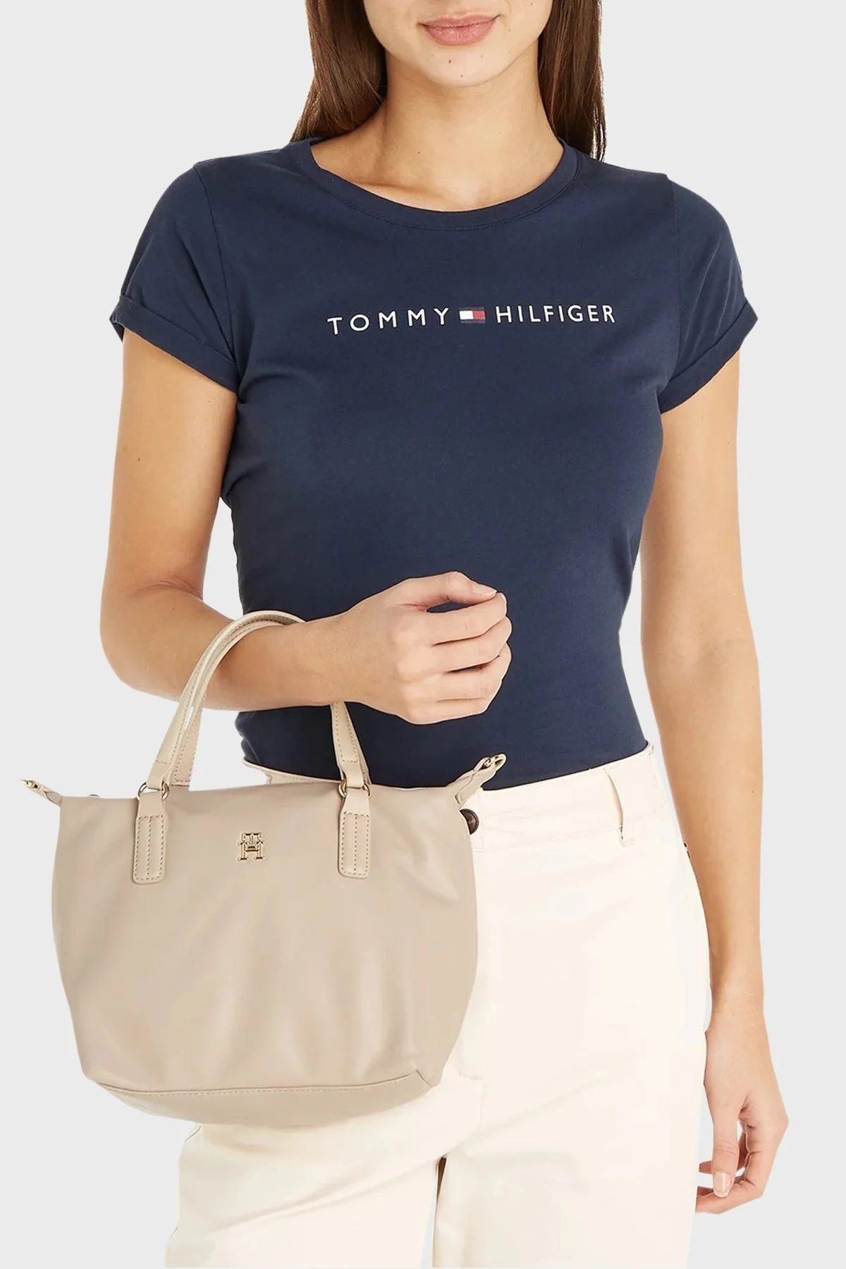 Tommy Hilfiger Çıkarılabilir Ayarlanabilir Omuz Askılı Logolu Fermuarlı Deri Bayan Çanta AW0AW15592 ABO BEJ - 2