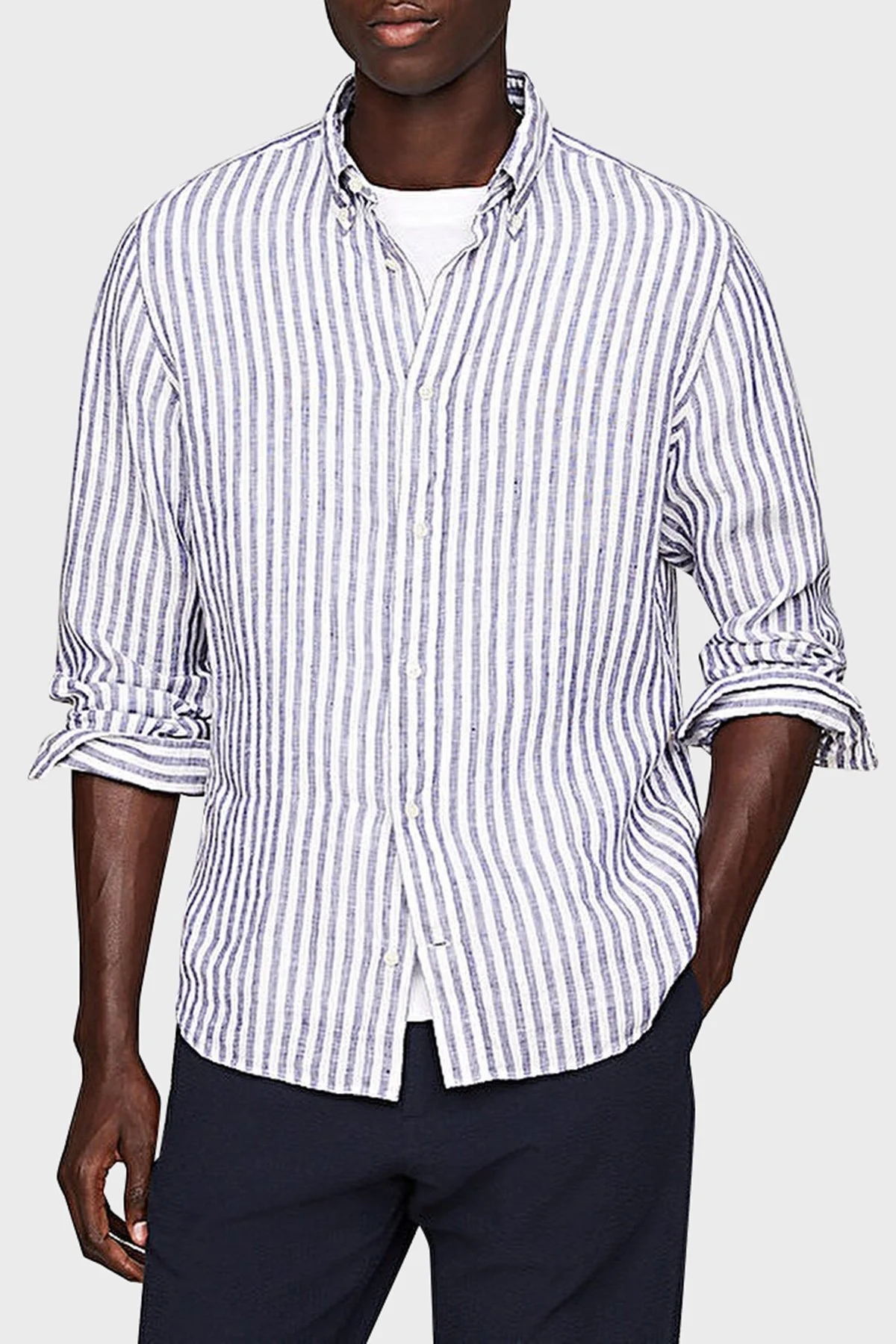 Tommy Hilfiger Çizgili % 100 Keten Regular Fit Erkek Gömlek MW0MW34646 0A5 MAVİ-BEYAZ - 1