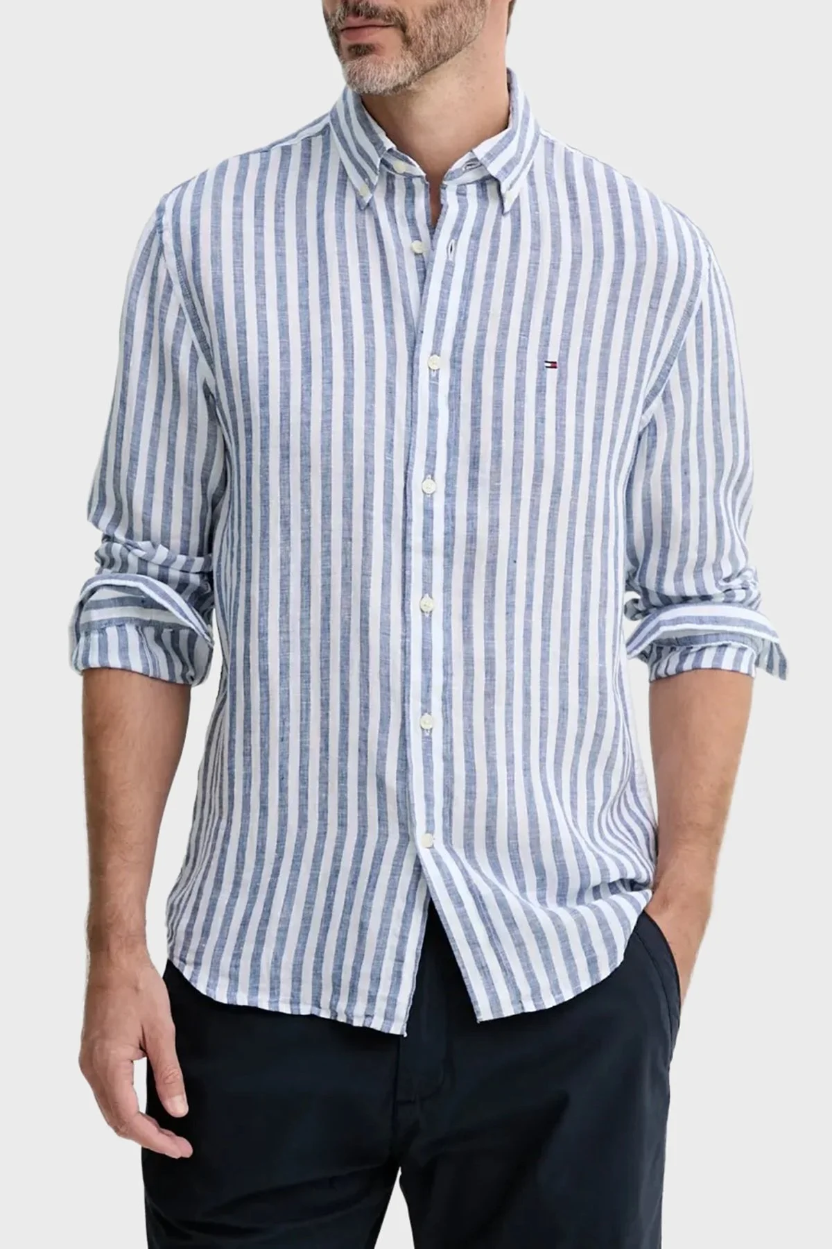 Tommy Hilfiger Çizgili % 100 Keten Uzun Kollu Düğmeli Yaka Erkek Gömlek MW0MW38581 0A5 MAVİ-BEYAZ - 6