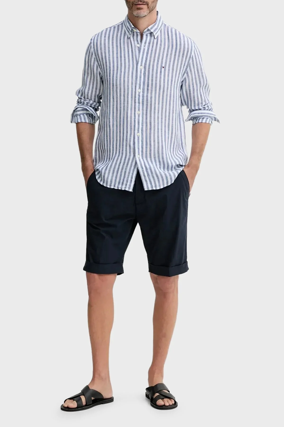 Tommy Hilfiger Çizgili % 100 Keten Uzun Kollu Düğmeli Yaka Erkek Gömlek MW0MW38581 0A5 MAVİ-BEYAZ - 7