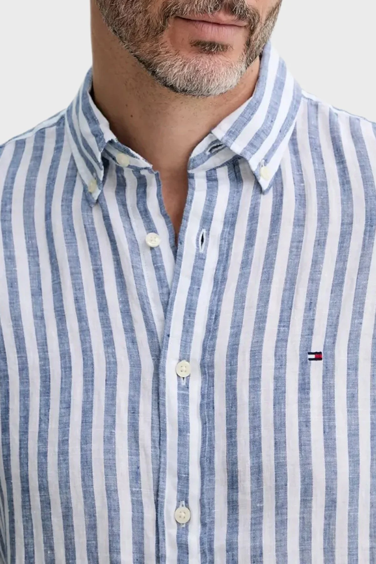 Tommy Hilfiger Çizgili % 100 Keten Uzun Kollu Düğmeli Yaka Erkek Gömlek MW0MW38581 0A5 MAVİ-BEYAZ - 9