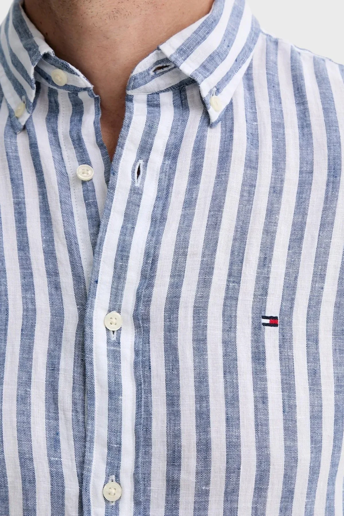 Tommy Hilfiger Çizgili % 100 Keten Uzun Kollu Düğmeli Yaka Erkek Gömlek MW0MW38581 0A5 MAVİ-BEYAZ - 10