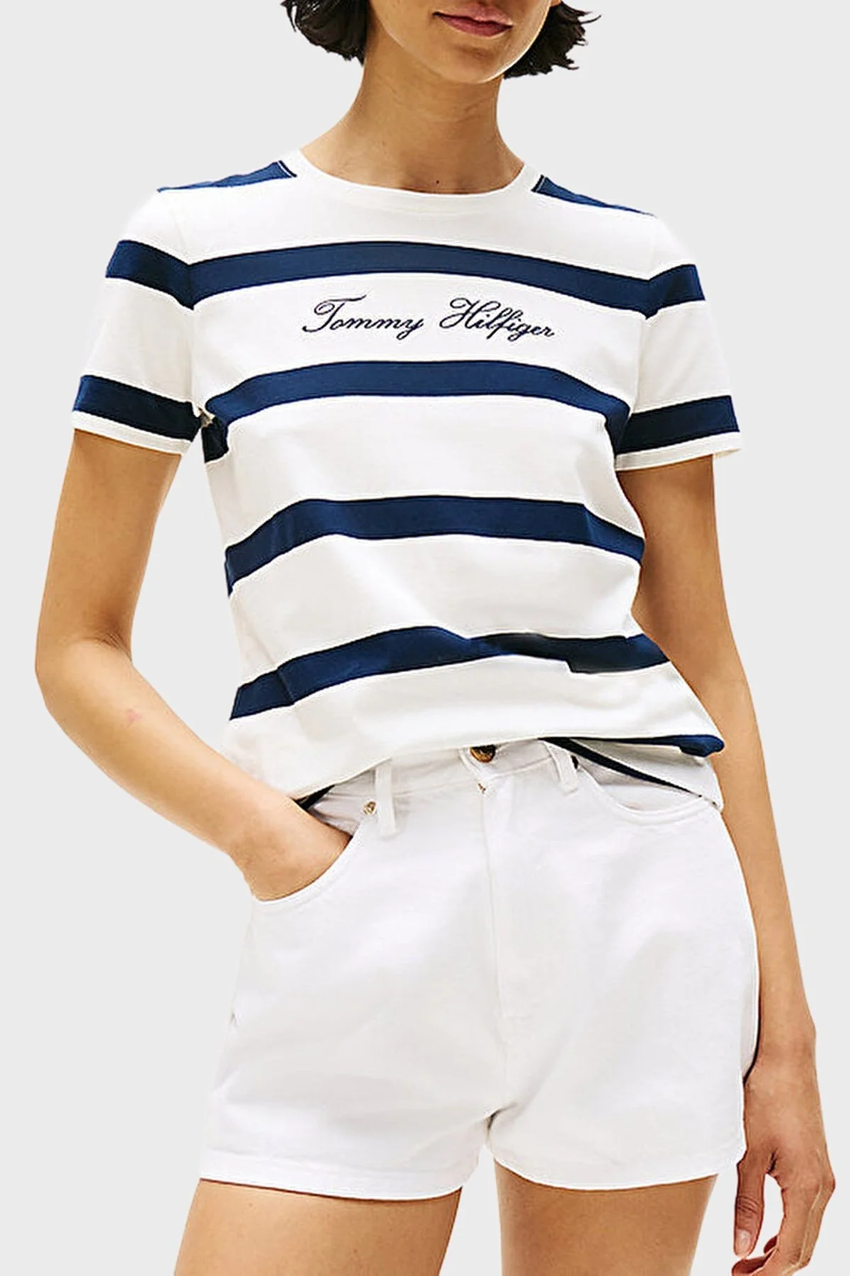Tommy Hilfiger Çizgili % 100 Pamuk Regular Fit Bisiklet Yaka Bayan T Shirt WW0WW45746 0Y5 BEYAZ-LACİVERT - 1