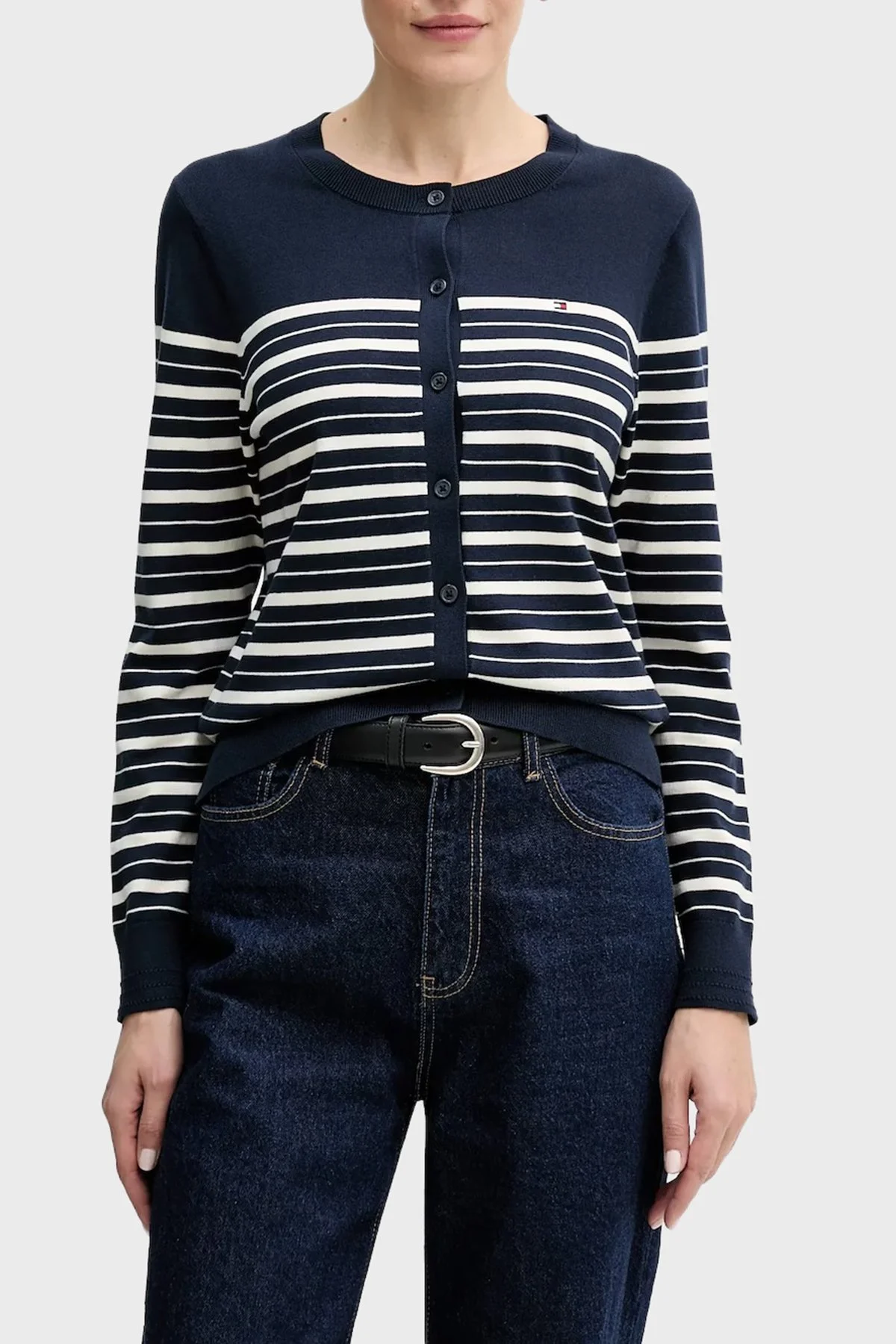 Tommy Hilfiger Çizgili % 100 Pamuk Regular Fit Düğmeli Bayan Kazak WW0WW42370 0A6 LACİVERT - 1